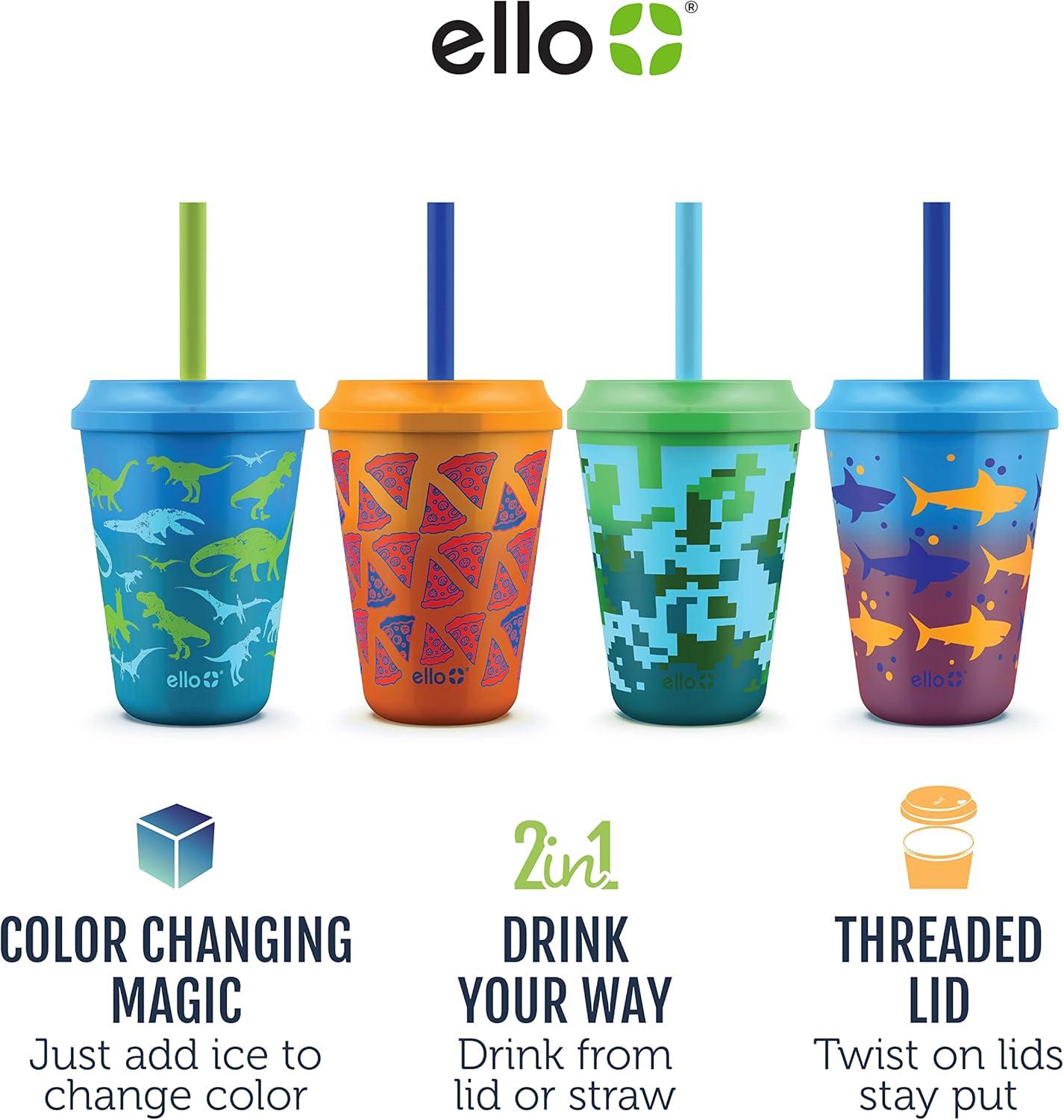 imageEllo 12oz Kids Plastic Reusable Color Changing Cups with Twist on SplashProof Lids and Straw BPA Free Dishwasher Safe4 Pack Rainforest