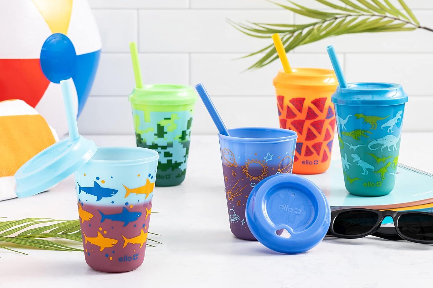 imageEllo 12oz Kids Plastic Reusable Color Changing Cups with Twist on SplashProof Lids and Straw BPA Free Dishwasher Safe4 Pack Rainforest