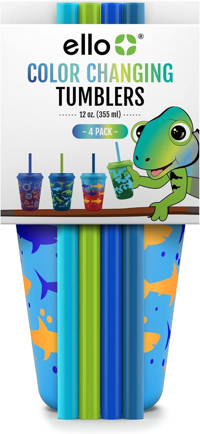 imageEllo 12oz Kids Plastic Reusable Color Changing Cups with Twist on SplashProof Lids and Straw BPA Free Dishwasher Safe4 Pack Rainforest