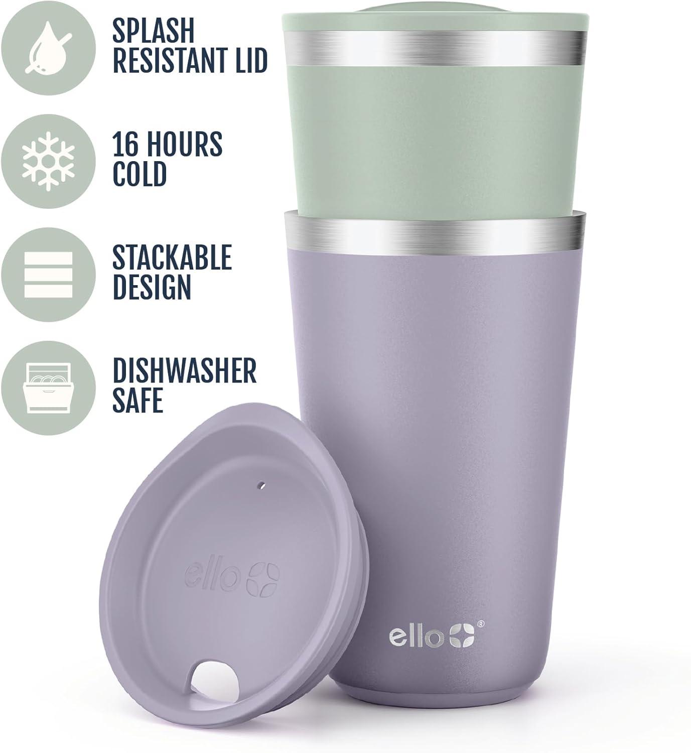 imageEllo 2 Pack 16oz Stainless Steel Stacking Cups with Easy Press Lids Pint Size Reusable Tumblers for Parties Home Camping Outdoor Keeps Cold for 16 Hours Dishwasher Safe Stripes ampamp DotsSoft Plum Sage