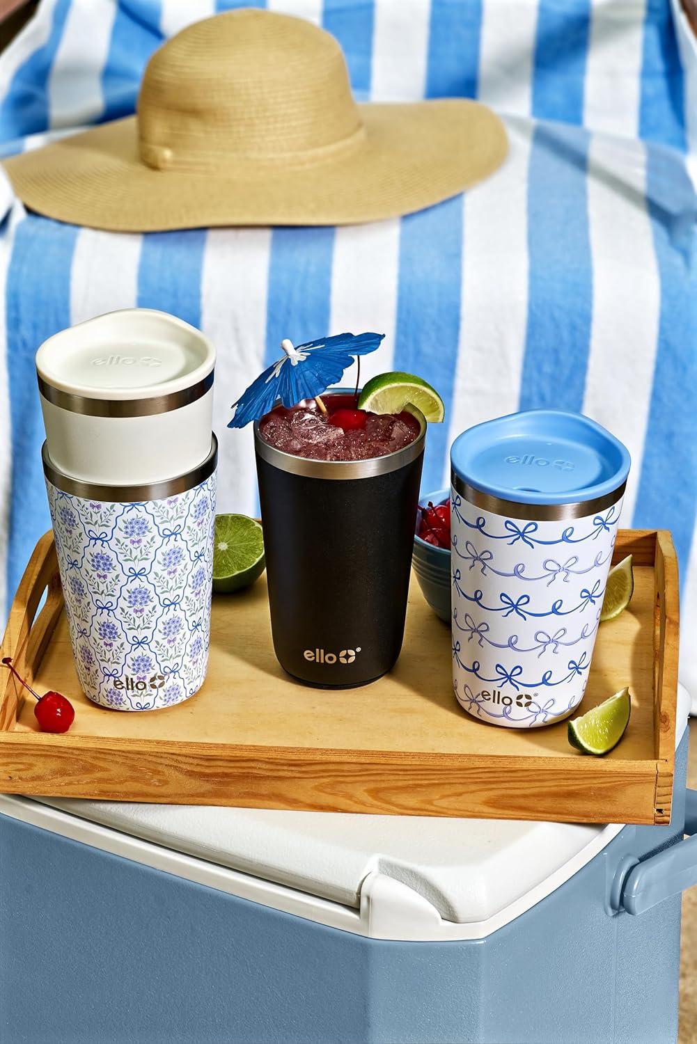 imageEllo 2 Pack 16oz Stainless Steel Stacking Cups with Easy Press Lids Pint Size Reusable Tumblers for Parties Home Camping Outdoor Keeps Cold for 16 Hours Dishwasher Safe Stripes ampamp DotsBlack Mineral
