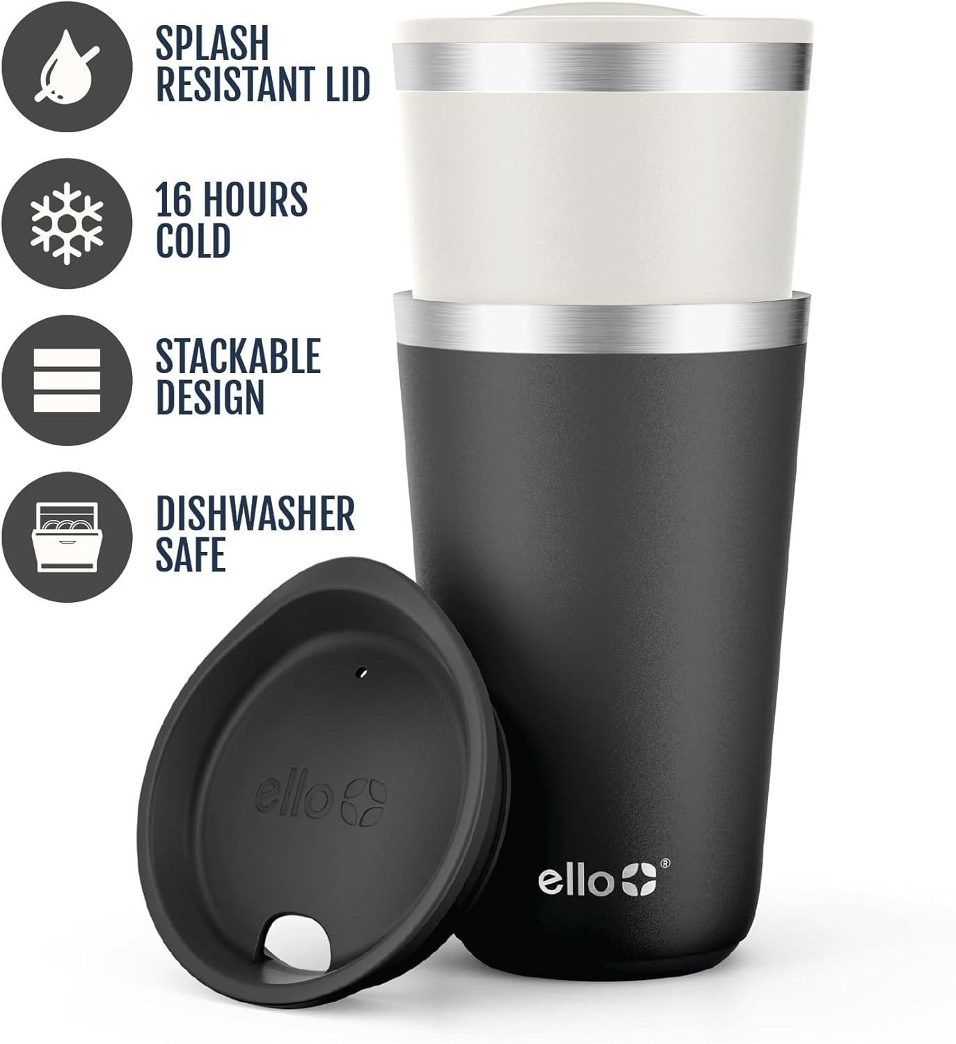 imageEllo 2 Pack 16oz Stainless Steel Stacking Cups with Easy Press Lids Pint Size Reusable Tumblers for Parties Home Camping Outdoor Keeps Cold for 16 Hours Dishwasher Safe Stripes ampamp DotsBlack Mineral