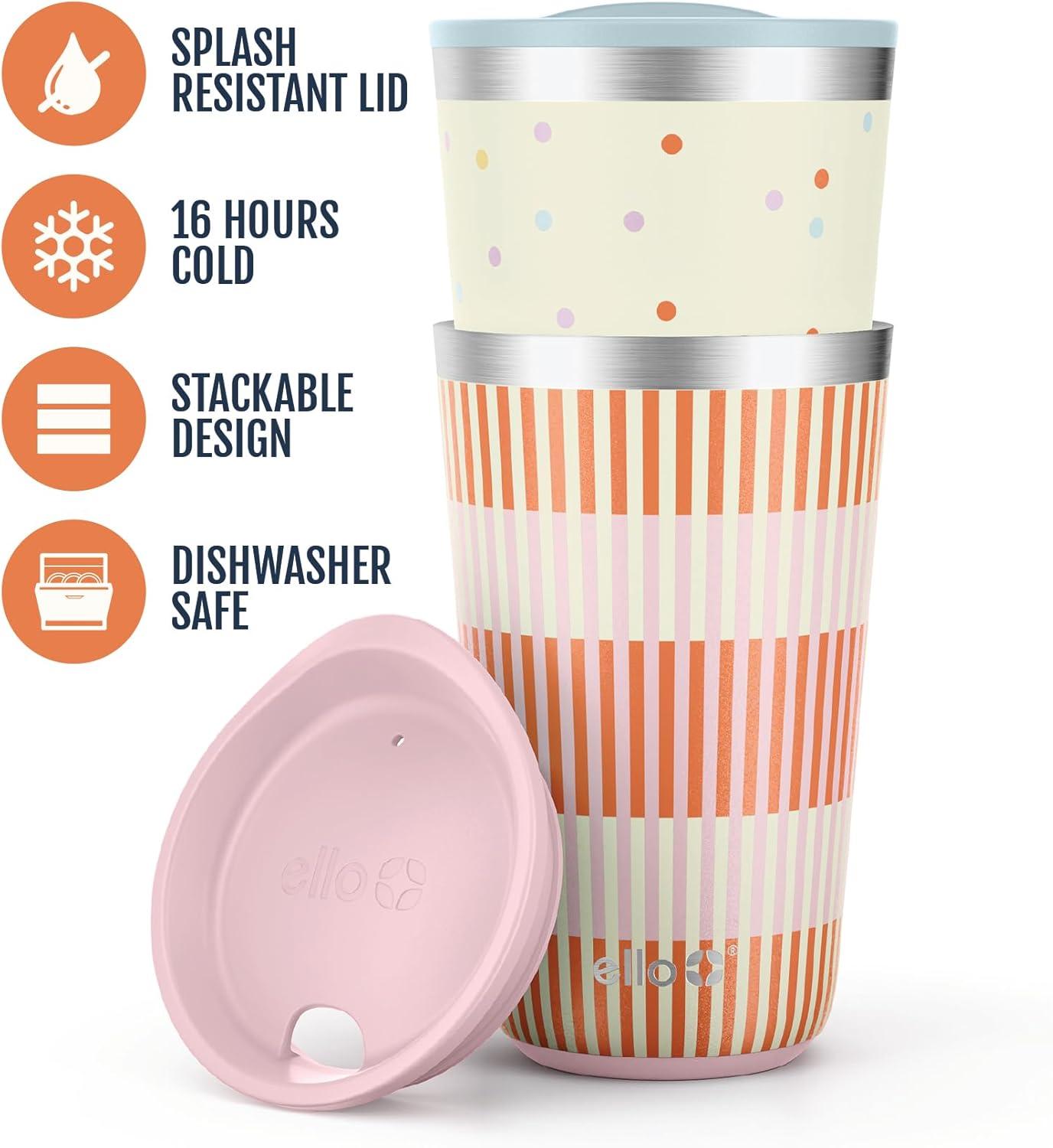 imageEllo 2 Pack 16oz Stainless Steel Stacking Cups with Easy Press Lids Pint Size Reusable Tumblers for Parties Home Camping Outdoor Keeps Cold for 16 Hours Dishwasher Safe Stripes ampamp DotsStripes Dots