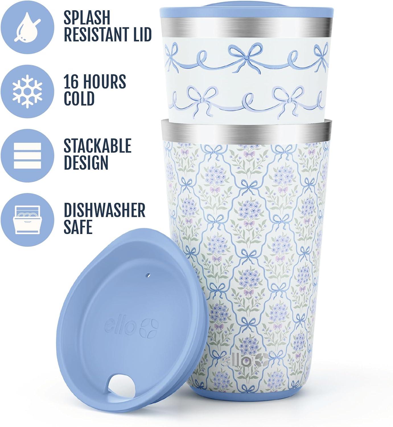 imageEllo 2 Pack 16oz Stainless Steel Stacking Cups with Easy Press Lids Pint Size Reusable Tumblers for Parties Home Camping Outdoor Keeps Cold for 16 Hours Dishwasher Safe Stripes ampamp DotsBows Flowers