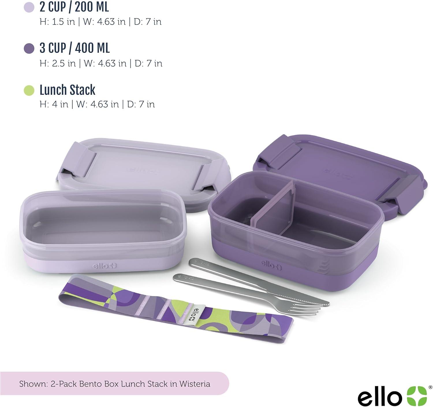 imageEllo 2Pack Lunch Stack Plastic Food Storage Container Bento Box with Airtight LeakProof Locking Plastic Lids and Silicone Base BPAFree Freezer Microwave and Dishwasher SafeWisteria