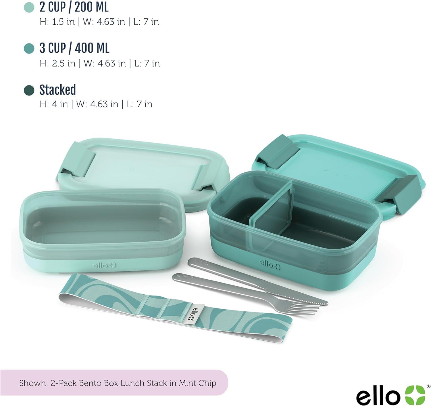 imageEllo 2Pack Lunch Stack Plastic Food Storage Container Bento Box with Airtight LeakProof Locking Plastic Lids and Silicone Base BPAFree Freezer Microwave and Dishwasher SafeMint Chip