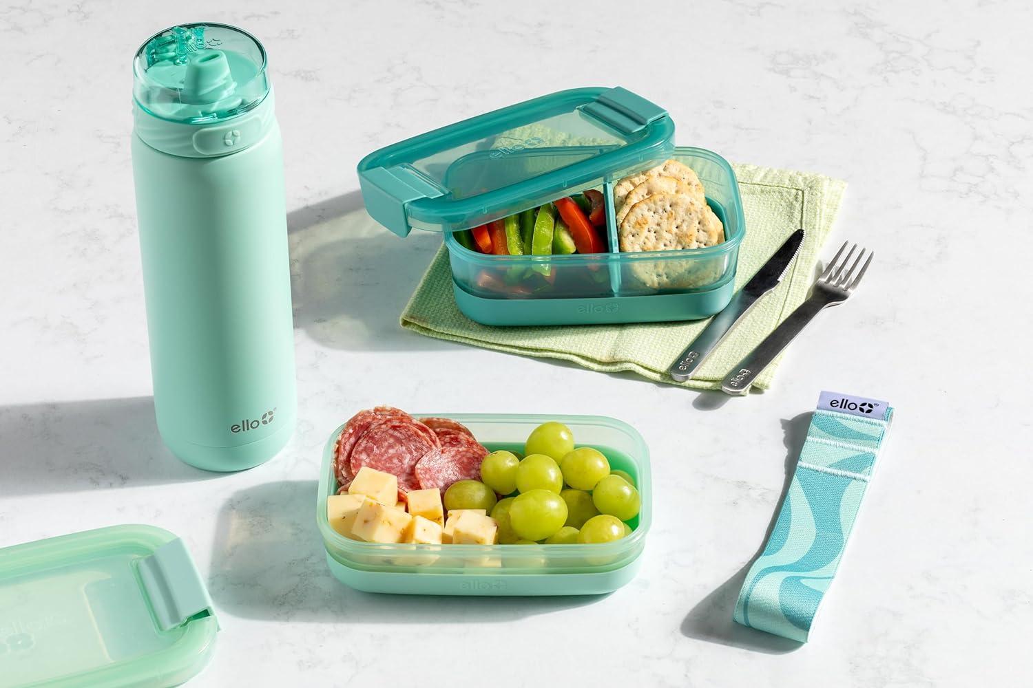 imageEllo 2Pack Lunch Stack Plastic Food Storage Container Bento Box with Airtight LeakProof Locking Plastic Lids and Silicone Base BPAFree Freezer Microwave and Dishwasher SafeMint Chip