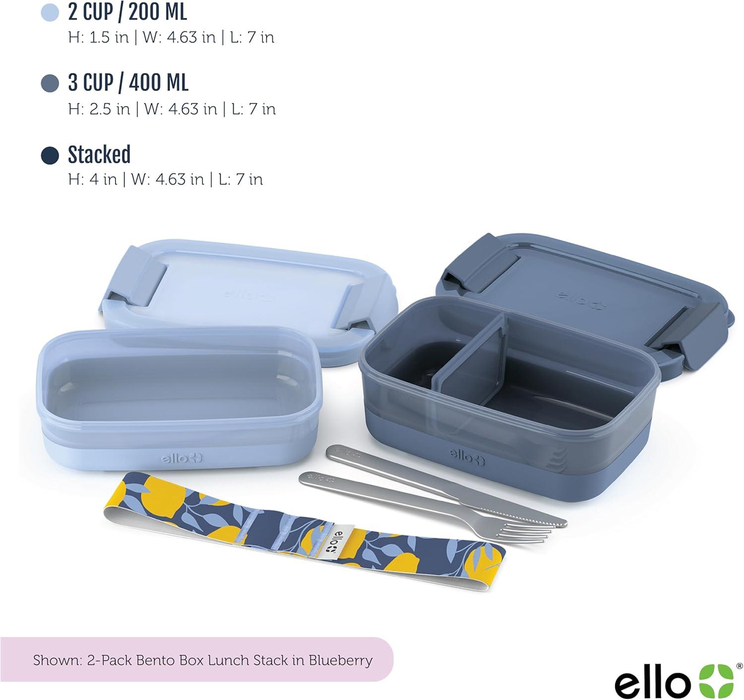 imageEllo 2Pack Lunch Stack Plastic Food Storage Container Bento Box with Airtight LeakProof Locking Plastic Lids and Silicone Base BPAFree Freezer Microwave and Dishwasher SafeBlueberry