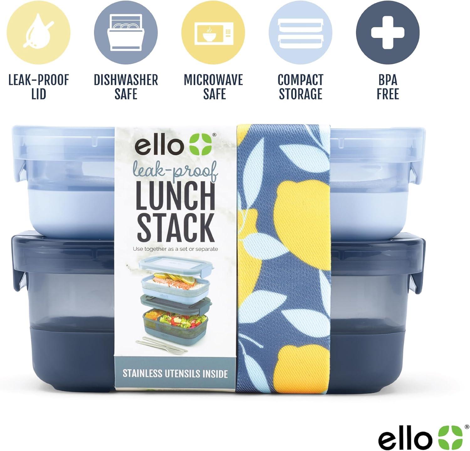 imageEllo 2Pack Lunch Stack Plastic Food Storage Container Bento Box with Airtight LeakProof Locking Plastic Lids and Silicone Base BPAFree Freezer Microwave and Dishwasher SafeBlueberry