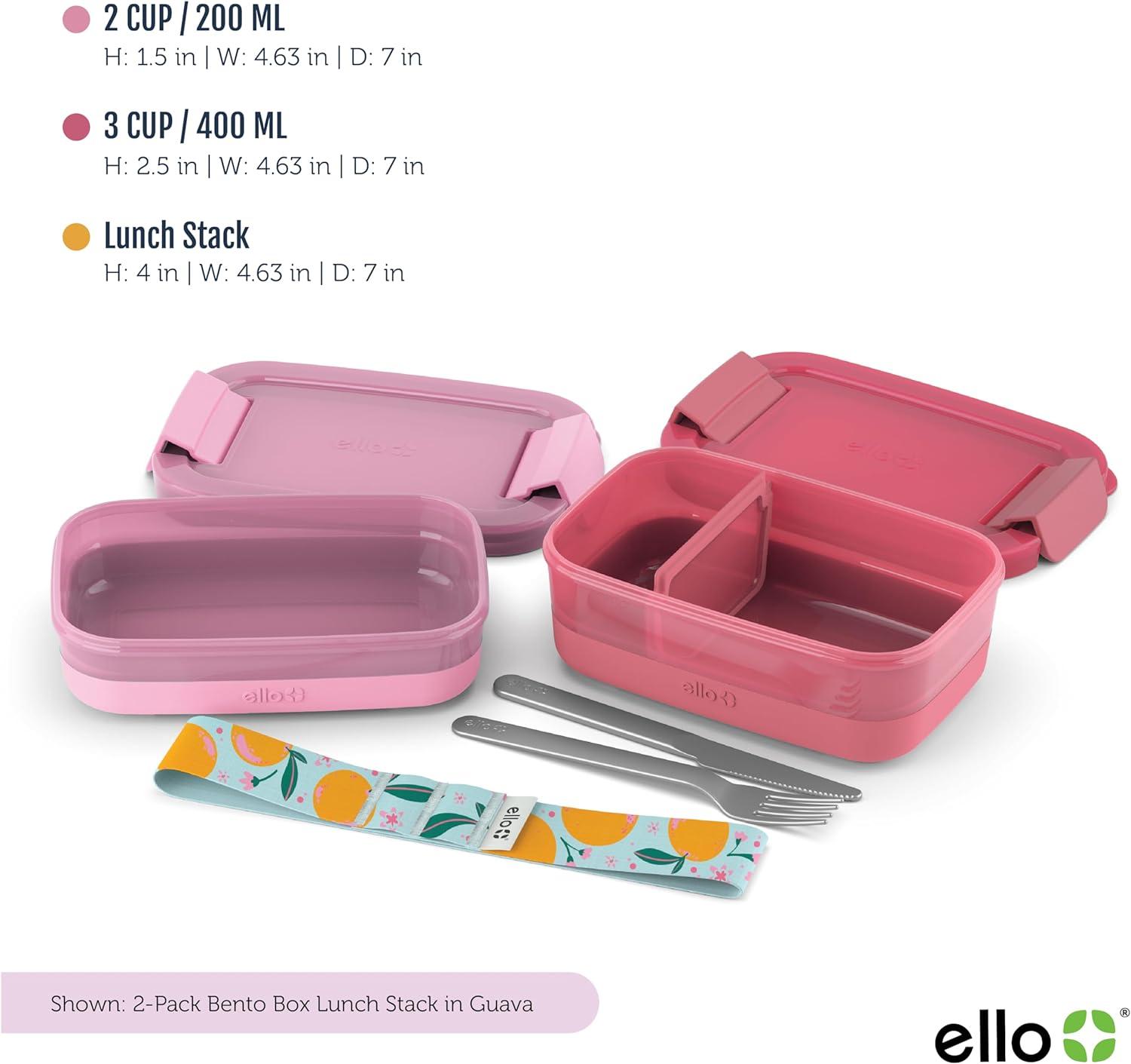 imageEllo 2Pack Lunch Stack Plastic Food Storage Container Bento Box with Airtight LeakProof Locking Plastic Lids and Silicone Base BPAFree Freezer Microwave and Dishwasher SafeGuava