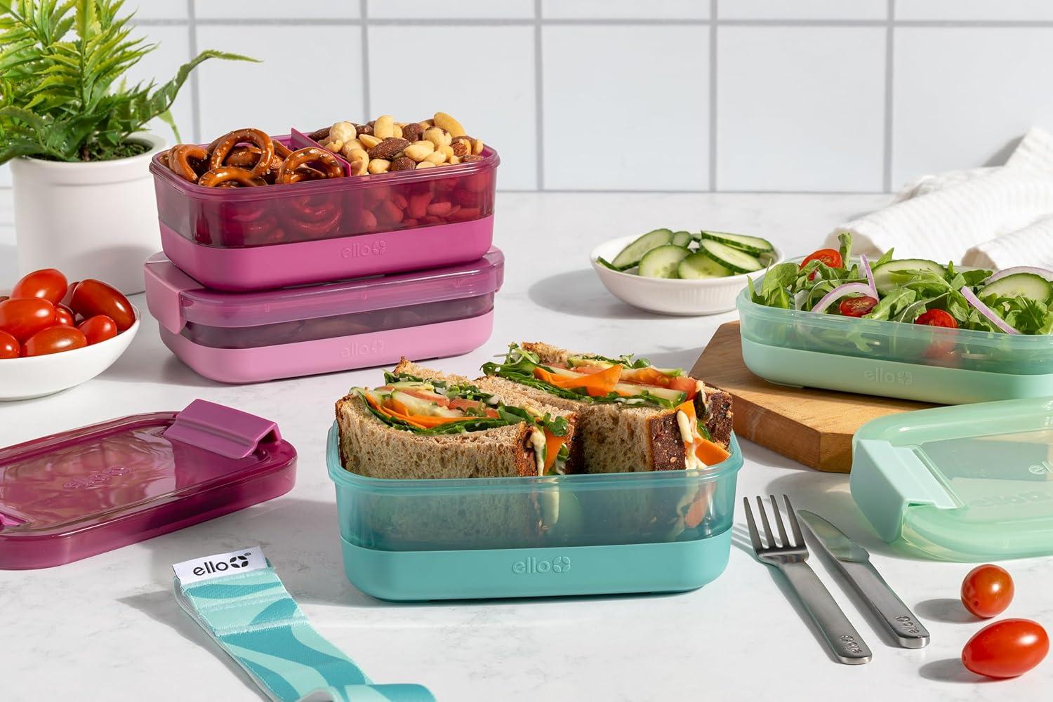 imageEllo 2Pack Lunch Stack Plastic Food Storage Container Bento Box with Airtight LeakProof Locking Plastic Lids and Silicone Base BPAFree Freezer Microwave and Dishwasher SafeMint Chip