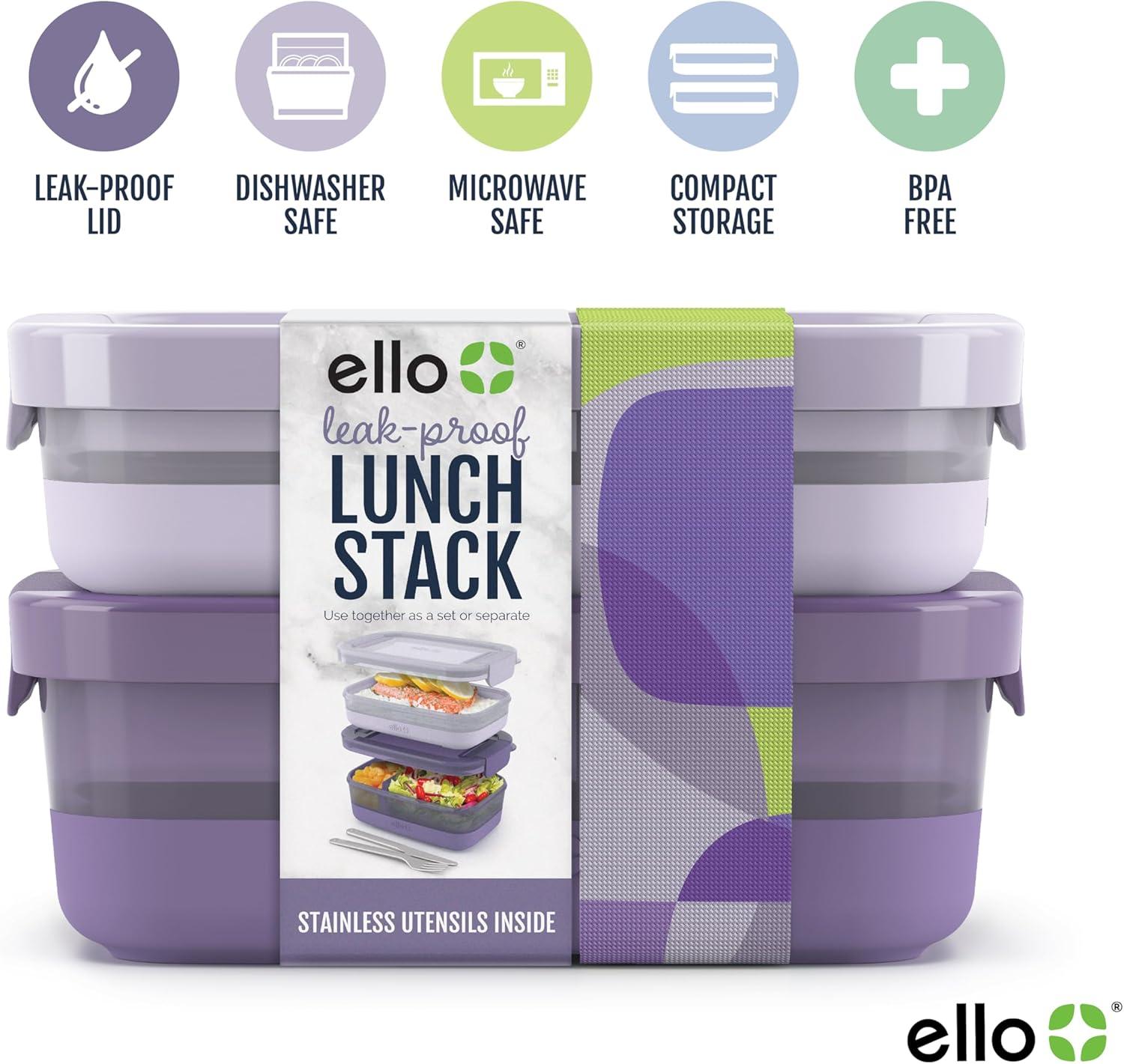 imageEllo 2Pack Lunch Stack Plastic Food Storage Container Bento Box with Airtight LeakProof Locking Plastic Lids and Silicone Base BPAFree Freezer Microwave and Dishwasher SafeWisteria