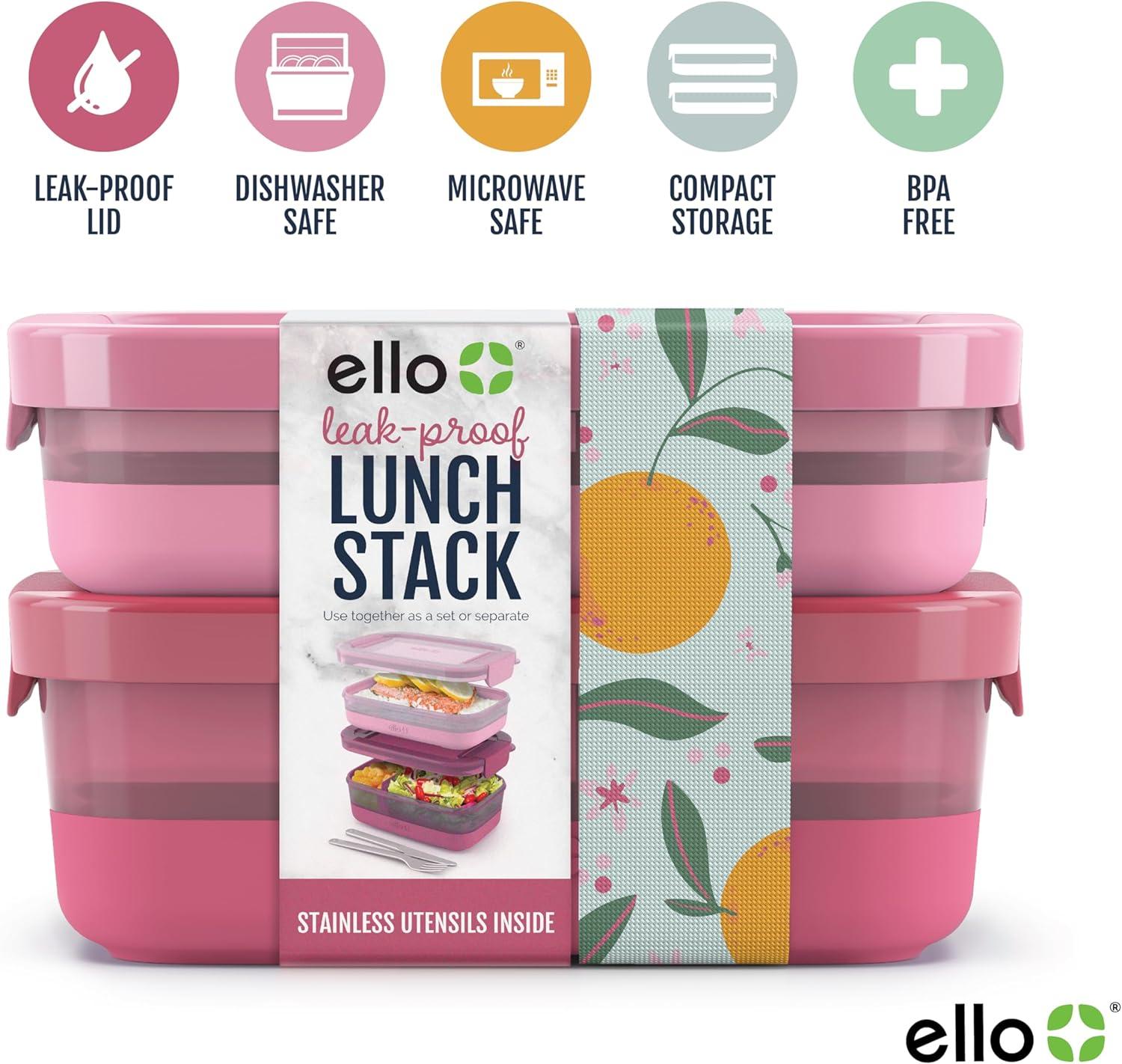 imageEllo 2Pack Lunch Stack Plastic Food Storage Container Bento Box with Airtight LeakProof Locking Plastic Lids and Silicone Base BPAFree Freezer Microwave and Dishwasher SafeGuava