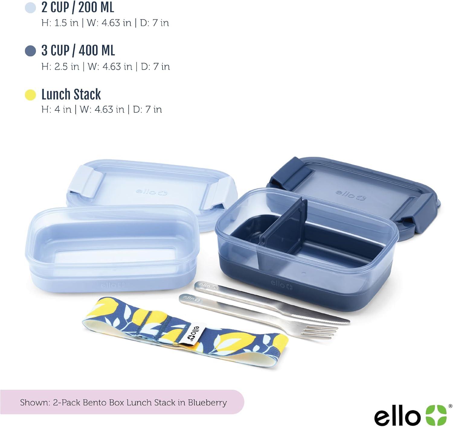 imageEllo 2Pack Lunch Stack Plastic Food Storage Container Bento Box with Airtight LeakProof Locking Plastic Lids and Silicone Base BPAFree Freezer Microwave and Dishwasher SafeBlueberry