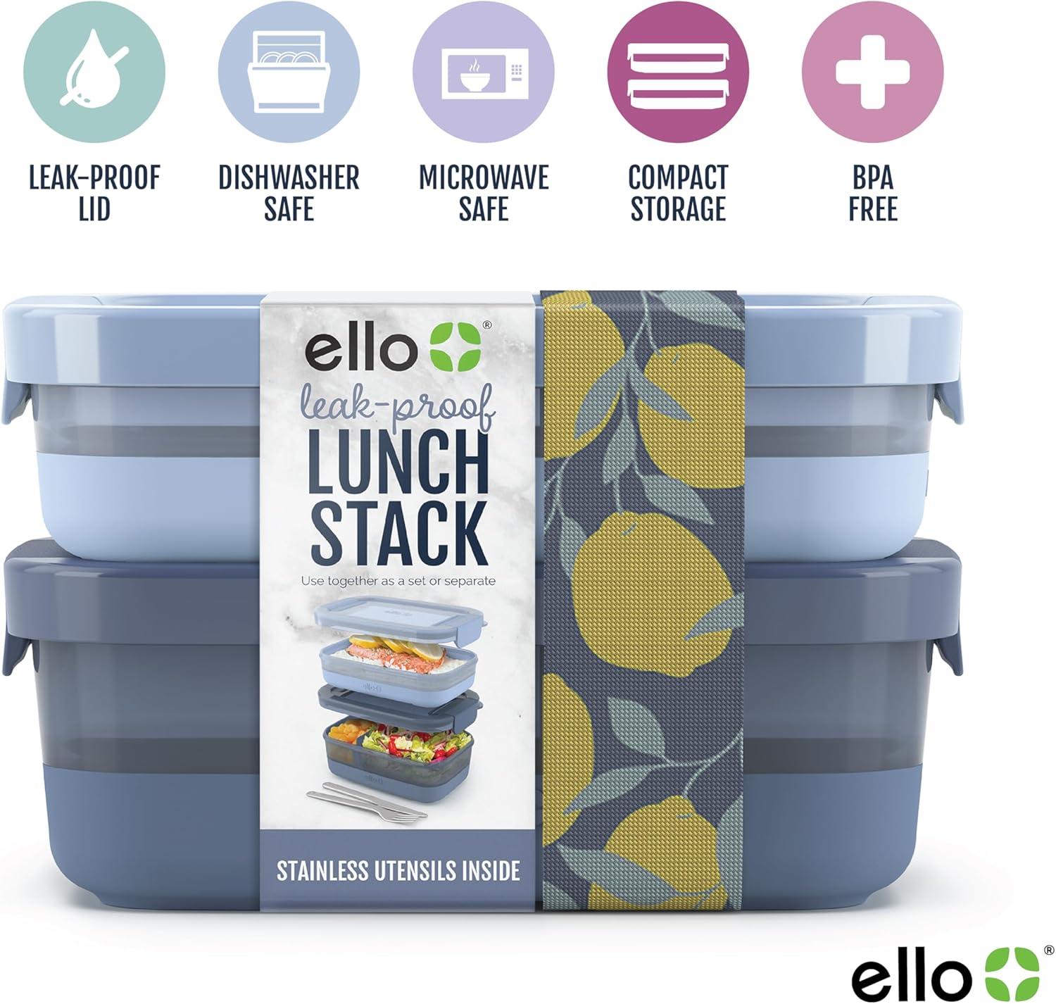 imageEllo 2Pack Lunch Stack Plastic Food Storage Container Bento Box with Airtight LeakProof Locking Plastic Lids and Silicone Base BPAFree Freezer Microwave and Dishwasher SafeBlueberry