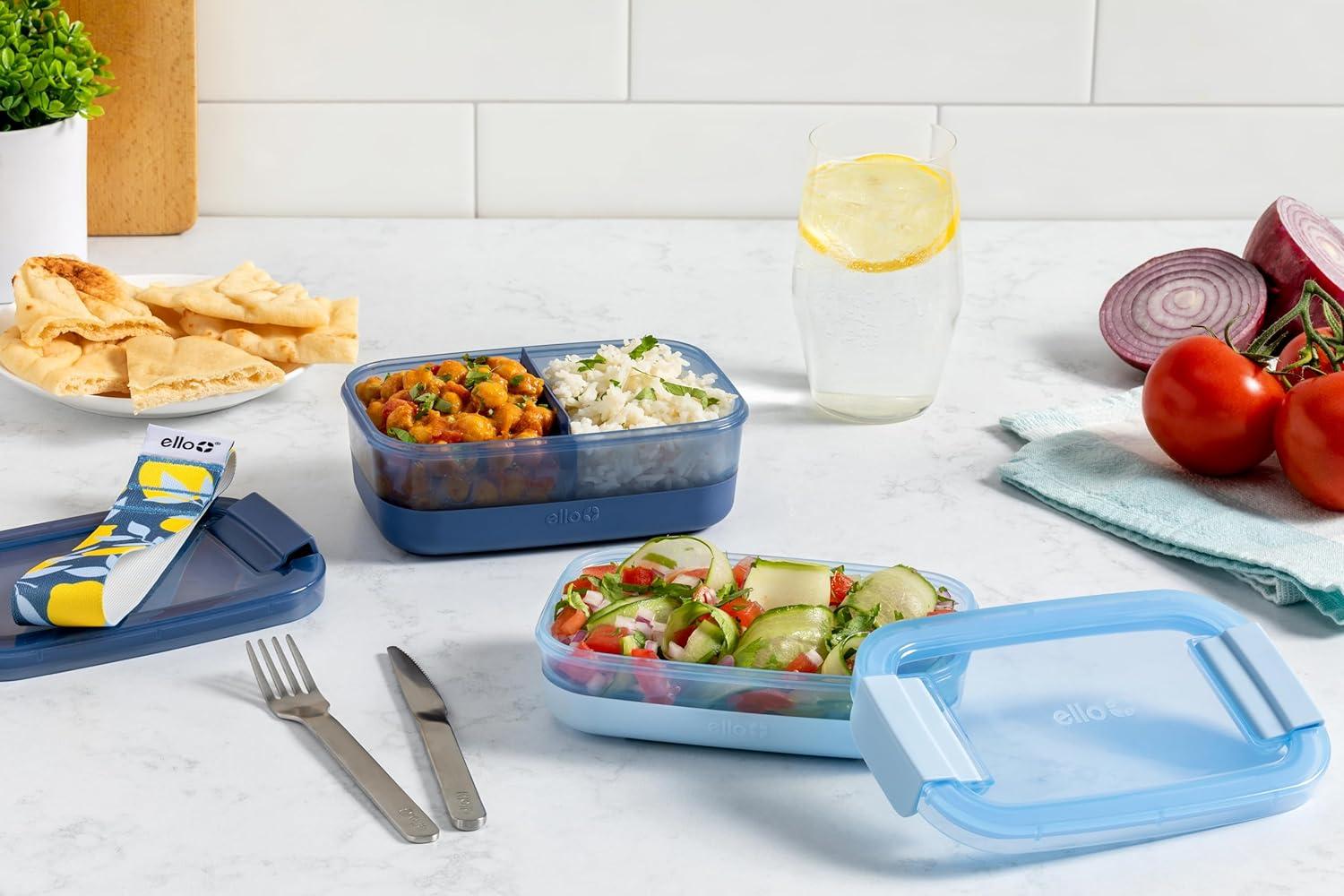 imageEllo 2Pack Lunch Stack Plastic Food Storage Container Bento Box with Airtight LeakProof Locking Plastic Lids and Silicone Base BPAFree Freezer Microwave and Dishwasher SafeBlueberry