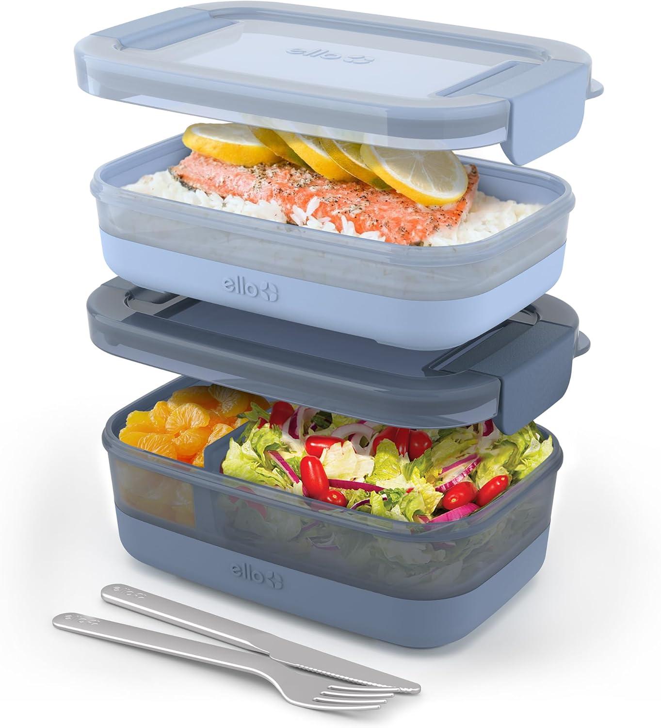 imageEllo 2Pack Lunch Stack Plastic Food Storage Container Bento Box with Airtight LeakProof Locking Plastic Lids and Silicone Base BPAFree Freezer Microwave and Dishwasher SafeBlueberry