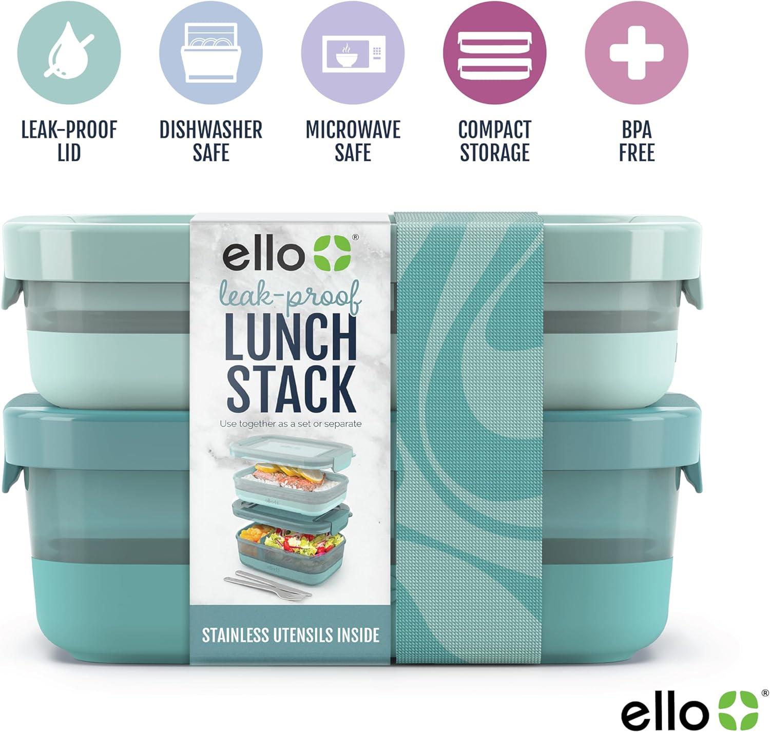 imageEllo 2Pack Lunch Stack Plastic Food Storage Container Bento Box with Airtight LeakProof Locking Plastic Lids and Silicone Base BPAFree Freezer Microwave and Dishwasher SafeMint Chip