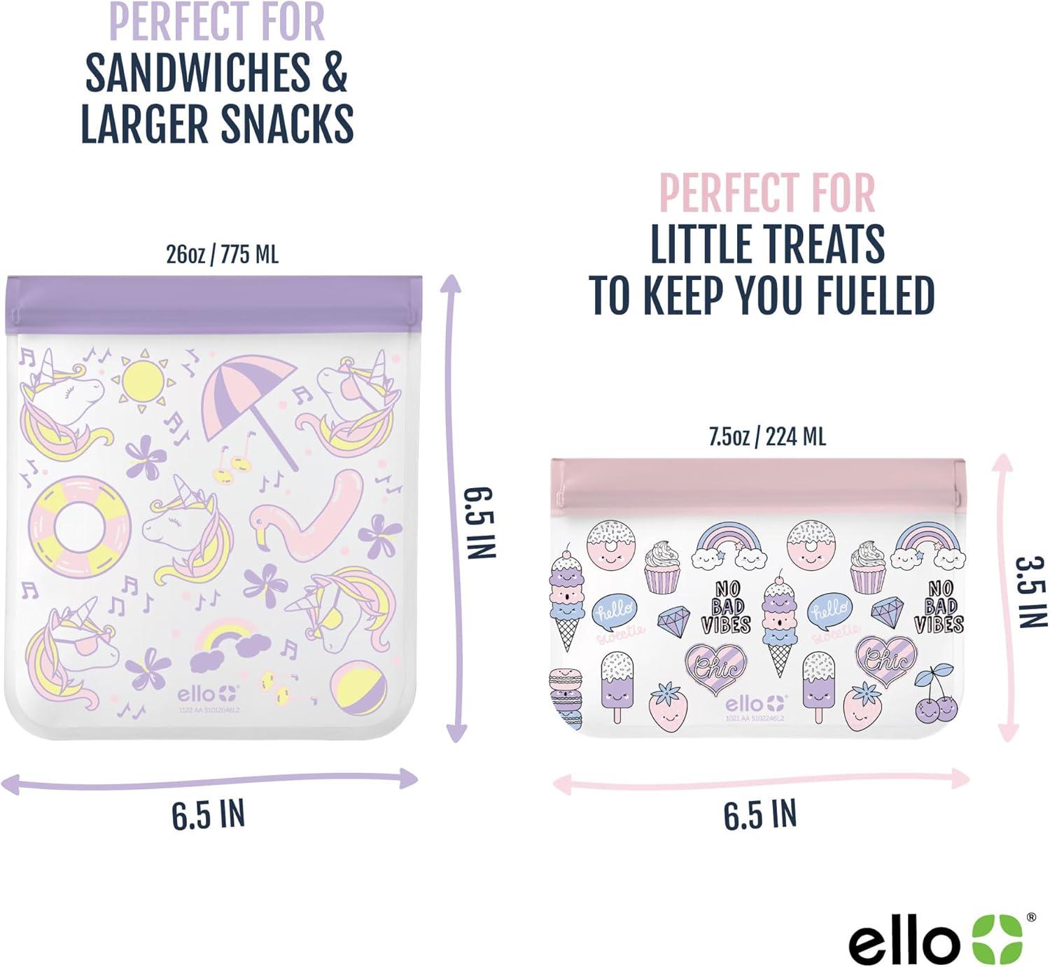 imageEllo 4 Pack Reusable Food Storage Bags Resealable BPAFree FoodSafe PEVA Feezer Safe and LeakProofUnicorns