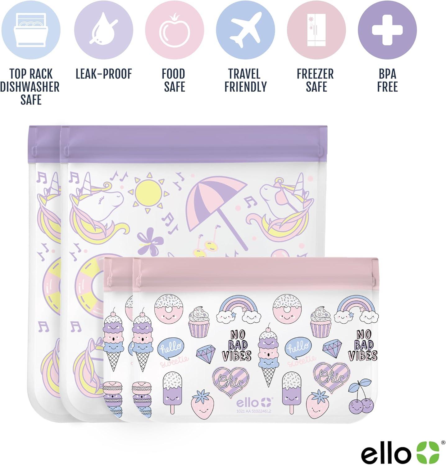 imageEllo 4 Pack Reusable Food Storage Bags Resealable BPAFree FoodSafe PEVA Feezer Safe and LeakProofUnicorns