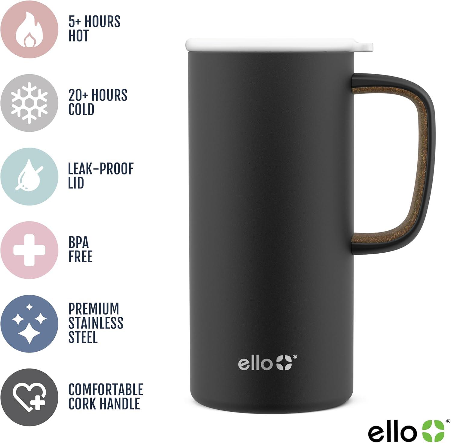 imageEllo Campy 18oz Stainless Steel Travel Mug with Handle and LeakProof Slider Lid Reusable Vacuum Insulated Perfect for Coffee or Tea Home Gift Travel Office BPA Free Georgia PeachMatte Black