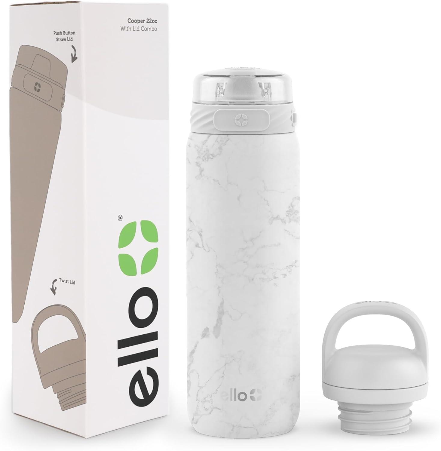 imageEllo Cooper 22oz Stainless Steel Water Bottle with Straw and Carry Handle Double Walled and Vacuum Insulated Metal Leak Proof Locking Lid with Soft Silicone Spout Reusable BPA Free LilacWhite Marble
