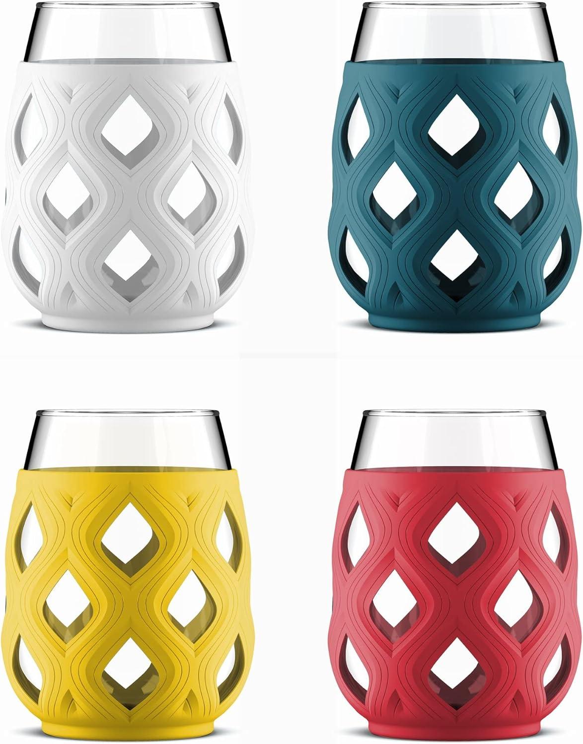 imageEllo Cru 17oz Stemless Wine Glass Set with Protective Silicone Sleeves Dishwasher Safe Cocktail Glass Pack Perfect for Summer Patios and Parties Festive Fun Holiday Gift for Women Men Her HimMai Tai