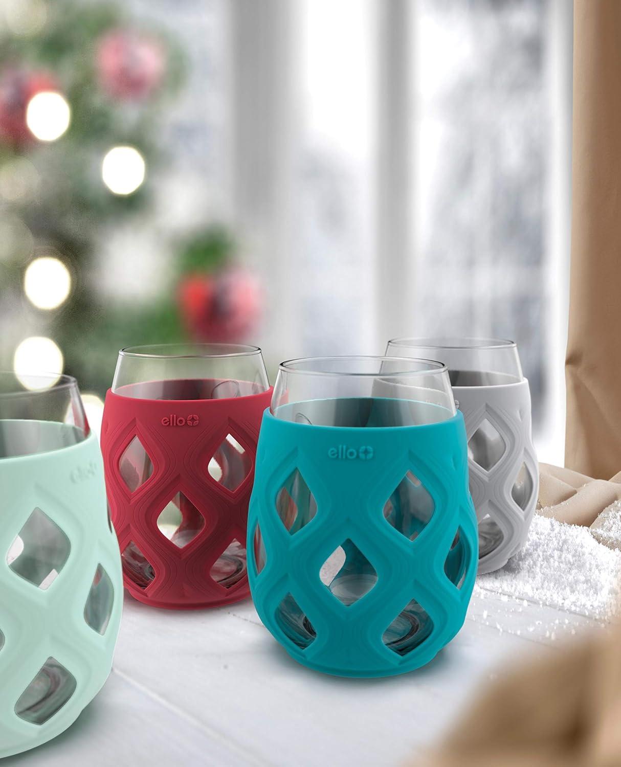 imageEllo Cru 17oz Stemless Wine Glass Set with Protective Silicone Sleeves Dishwasher Safe Cocktail Glass Pack Perfect for Summer Patios and Parties Festive Fun Holiday Gift for Women Men Her HimHoliday Jewels