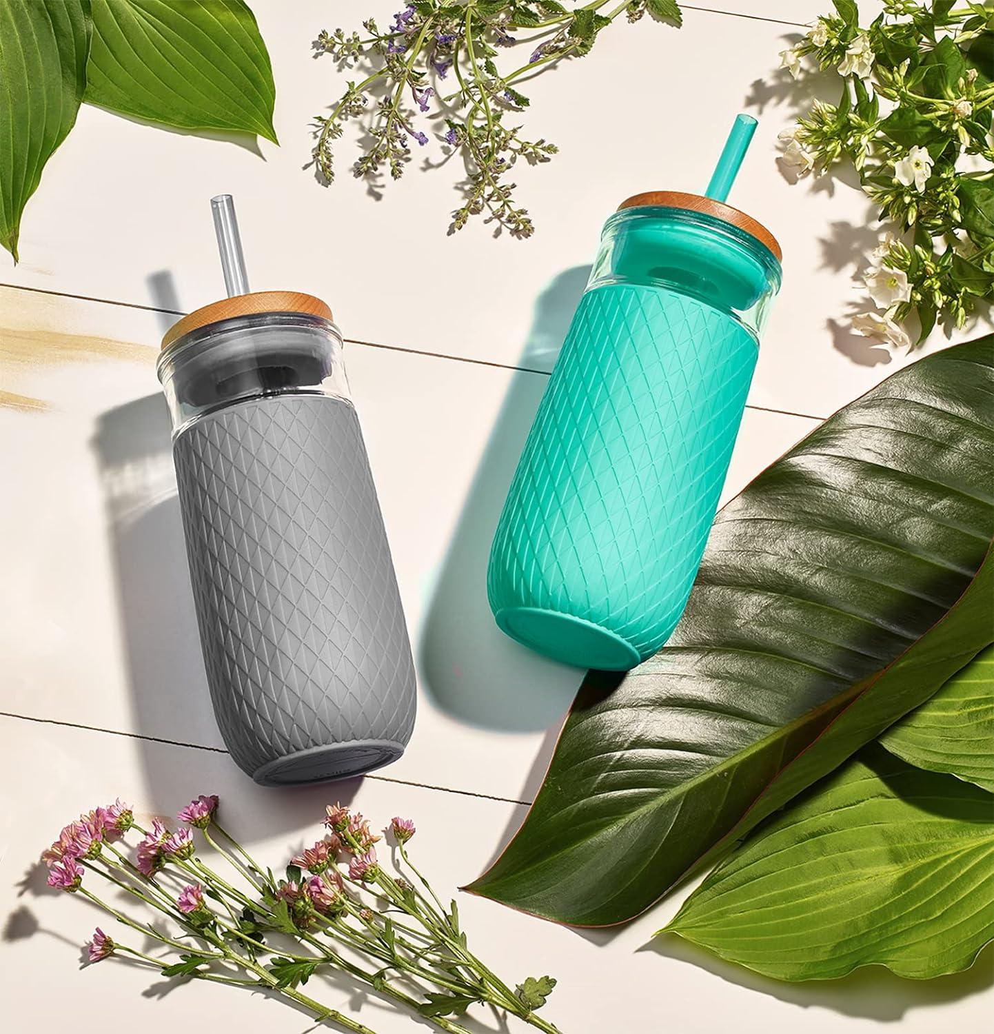 imageEllo Devon 18oz Glass Tumbler with Straw Friction Fit Bamboo Wood Lid and Silicone Sleeve Perfect for Iced Coffee Tea Matcha and SmoothiesGray