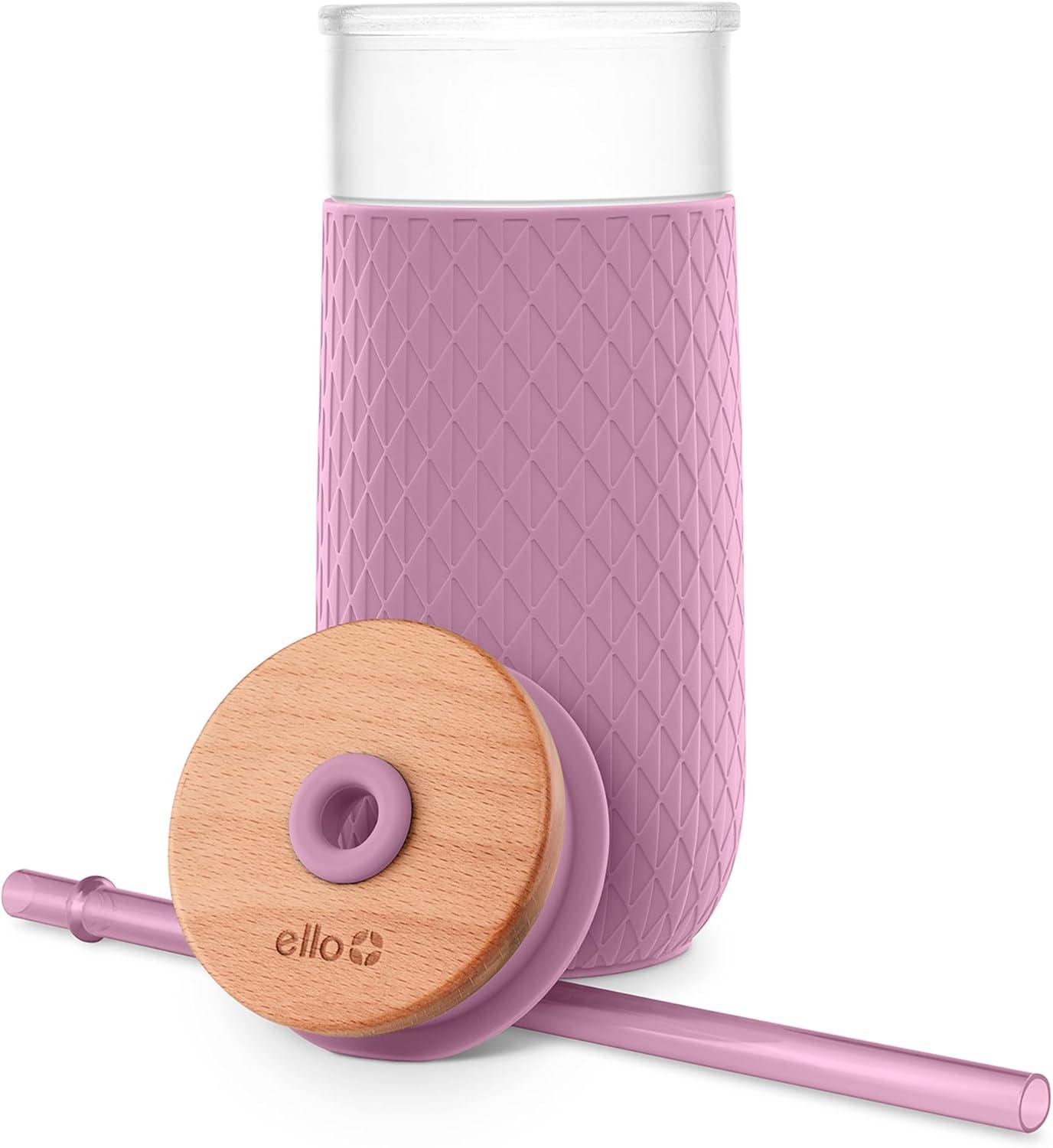 imageEllo Devon 18oz Glass Tumbler with Straw Friction Fit Bamboo Wood Lid and Silicone Sleeve Perfect for Iced Coffee Tea Matcha and SmoothiesMauve