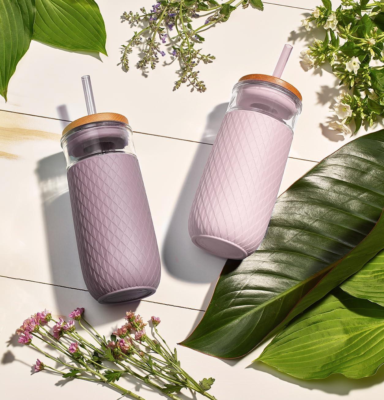 imageEllo Devon 18oz Glass Tumbler with Straw Friction Fit Bamboo Wood Lid and Silicone Sleeve Perfect for Iced Coffee Tea Matcha and SmoothiesMauve