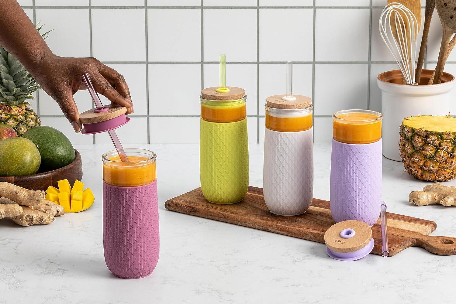 imageEllo Devon 18oz Glass Tumbler with Straw Friction Fit Bamboo Wood Lid and Silicone Sleeve Perfect for Iced Coffee Tea Matcha and SmoothiesMauve