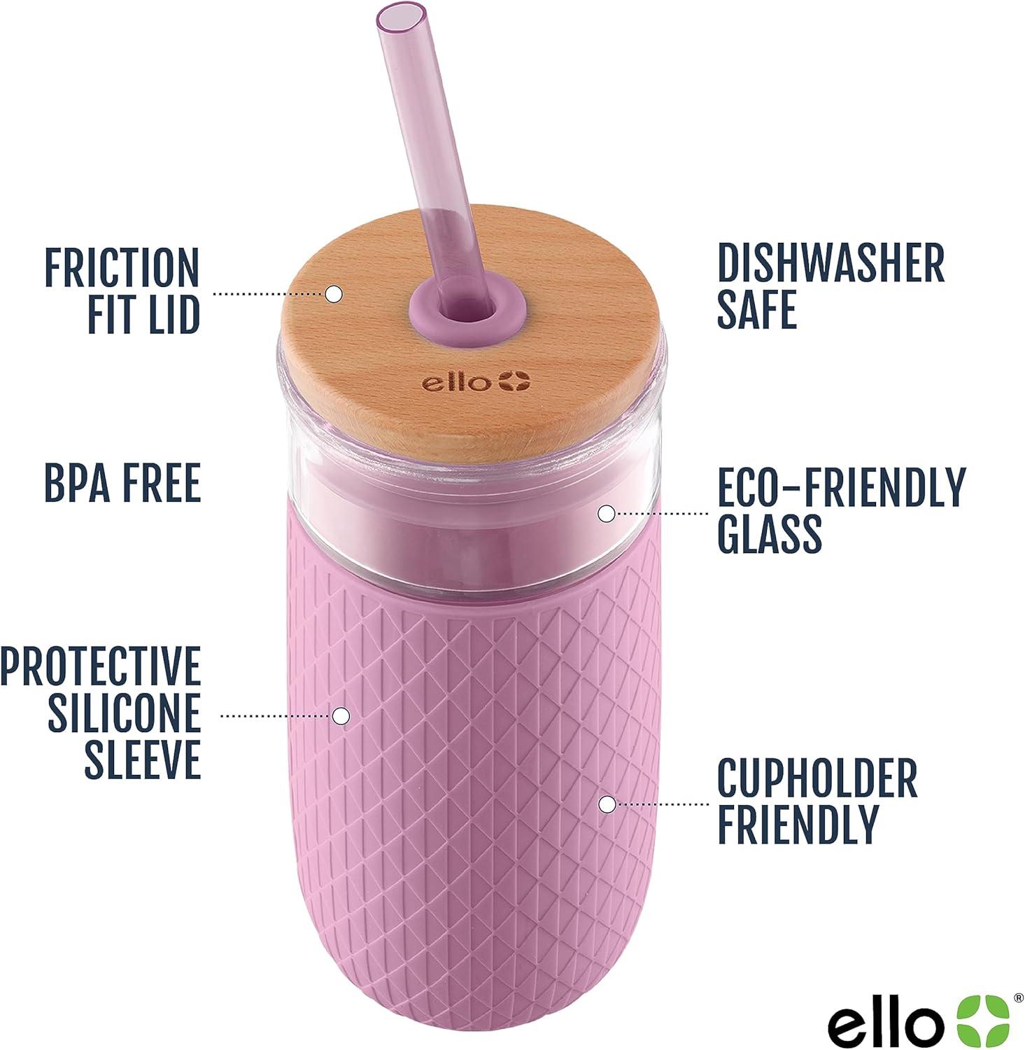 imageEllo Devon 18oz Glass Tumbler with Straw Friction Fit Bamboo Wood Lid and Silicone Sleeve Perfect for Iced Coffee Tea Matcha and SmoothiesMauve