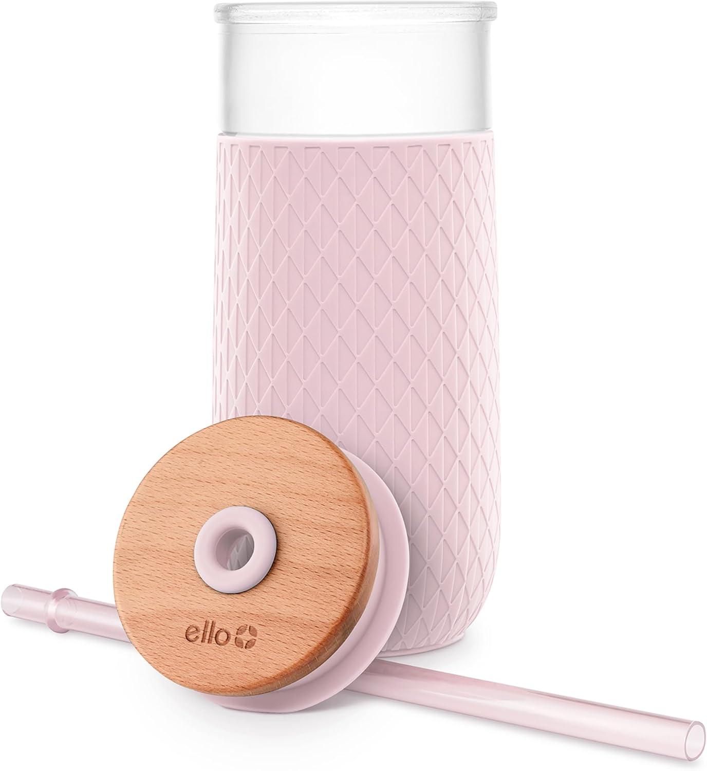 imageEllo Devon 18oz Glass Tumbler with Straw Friction Fit Bamboo Wood Lid and Silicone Sleeve Perfect for Iced Coffee Tea Matcha and SmoothiesPink Satin