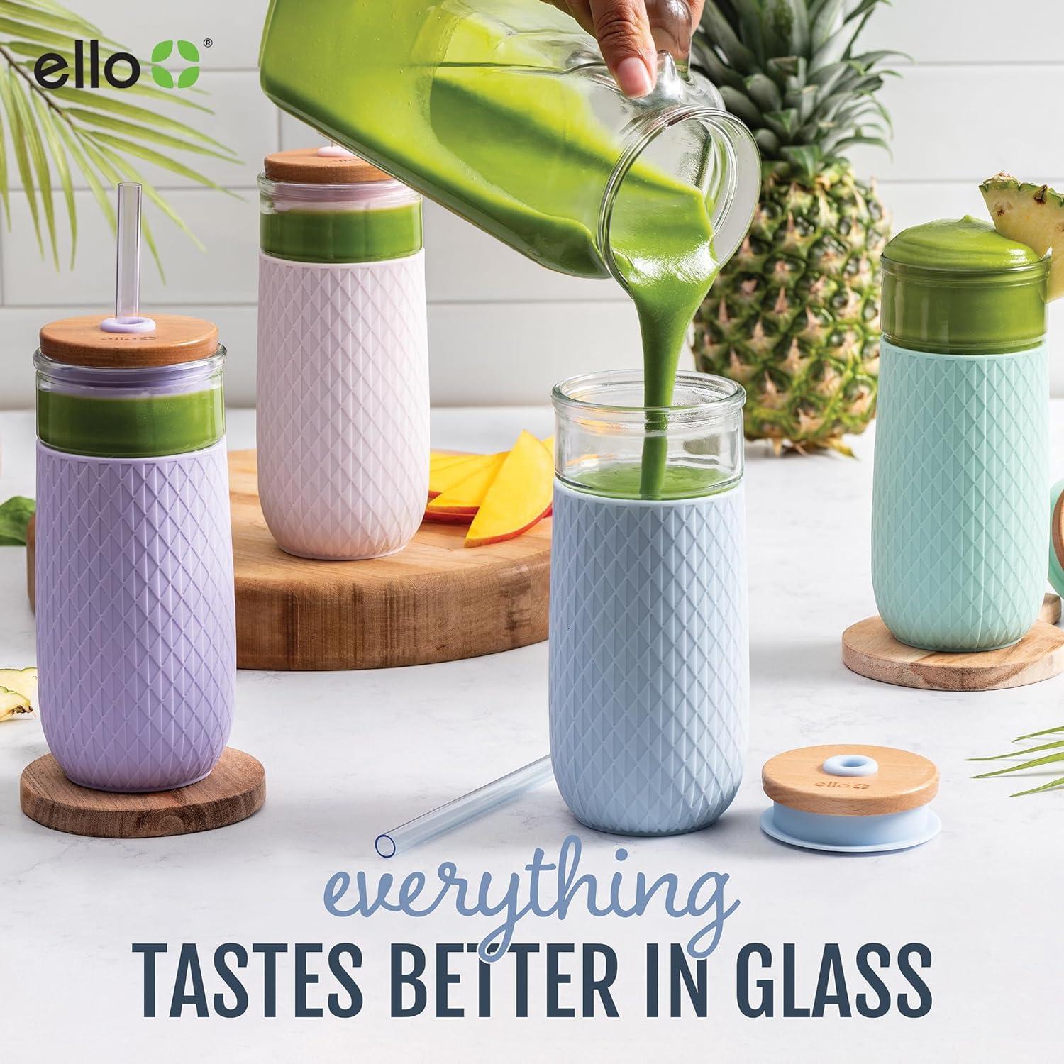 imageEllo Devon 18oz Glass Tumbler with Straw Friction Fit Bamboo Wood Lid and Silicone Sleeve Perfect for Iced Coffee Tea Matcha and SmoothiesPink Satin