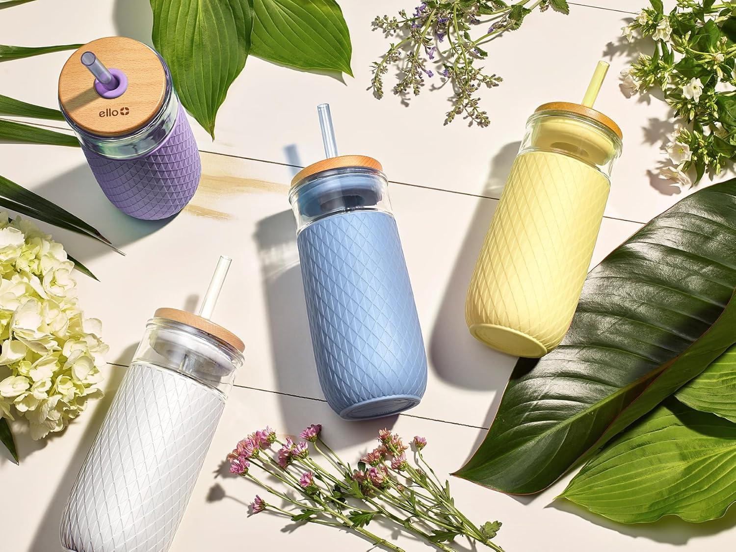 imageEllo Devon 18oz Glass Tumbler with Straw Friction Fit Bamboo Wood Lid and Silicone Sleeve Perfect for Iced Coffee Tea Matcha and SmoothiesWhite