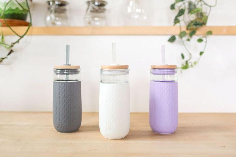 imageEllo Devon 18oz Glass Tumbler with Straw Friction Fit Bamboo Wood Lid and Silicone Sleeve Perfect for Iced Coffee Tea Matcha and SmoothiesWhite