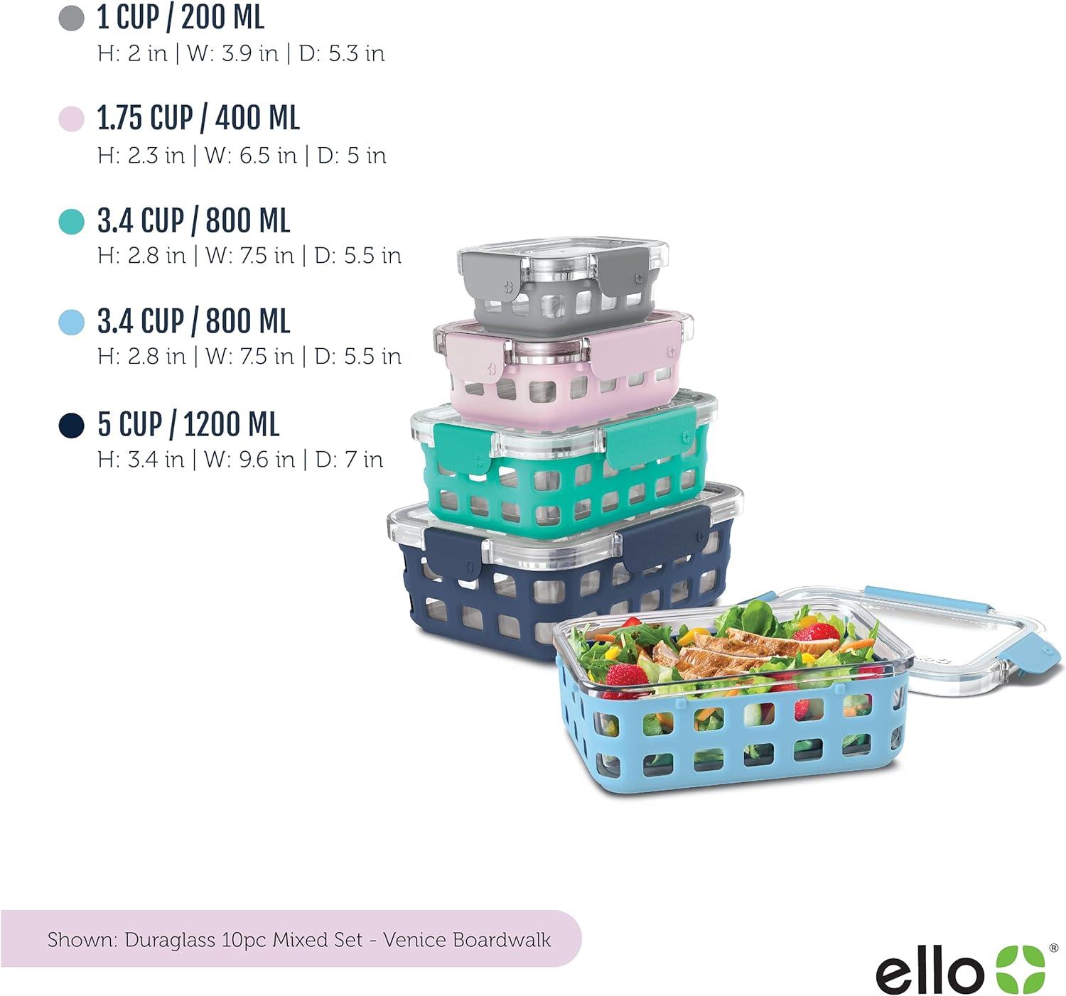 imageEllo Duraglass Mixed Meal Prep Sets LeakProof Glass Food Storage Containers with Silicone Sleeves and Airtight BPAFree Lids Dishwasher Microwave and Freezer SafeVenice Boardwalk