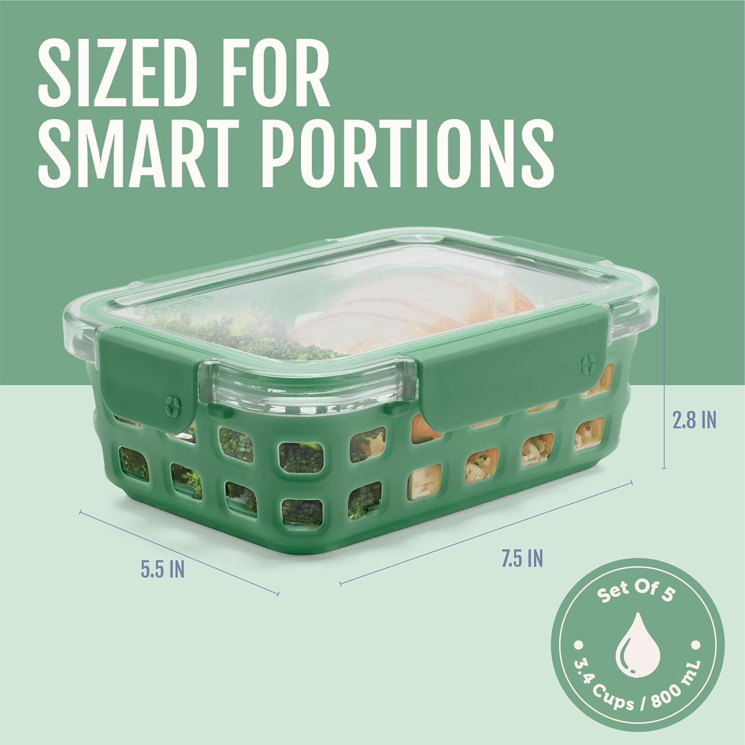 imageEllo Duraglass Refresh 34 Cup Meal Prep Sets 10Pc 5 Pack Set Glass Food Storage Container with Silicone Boot and Airtight BPAFree Plastic Lids Dishwasher Microwave and Freezer SafeDusk DelightOlive Tree