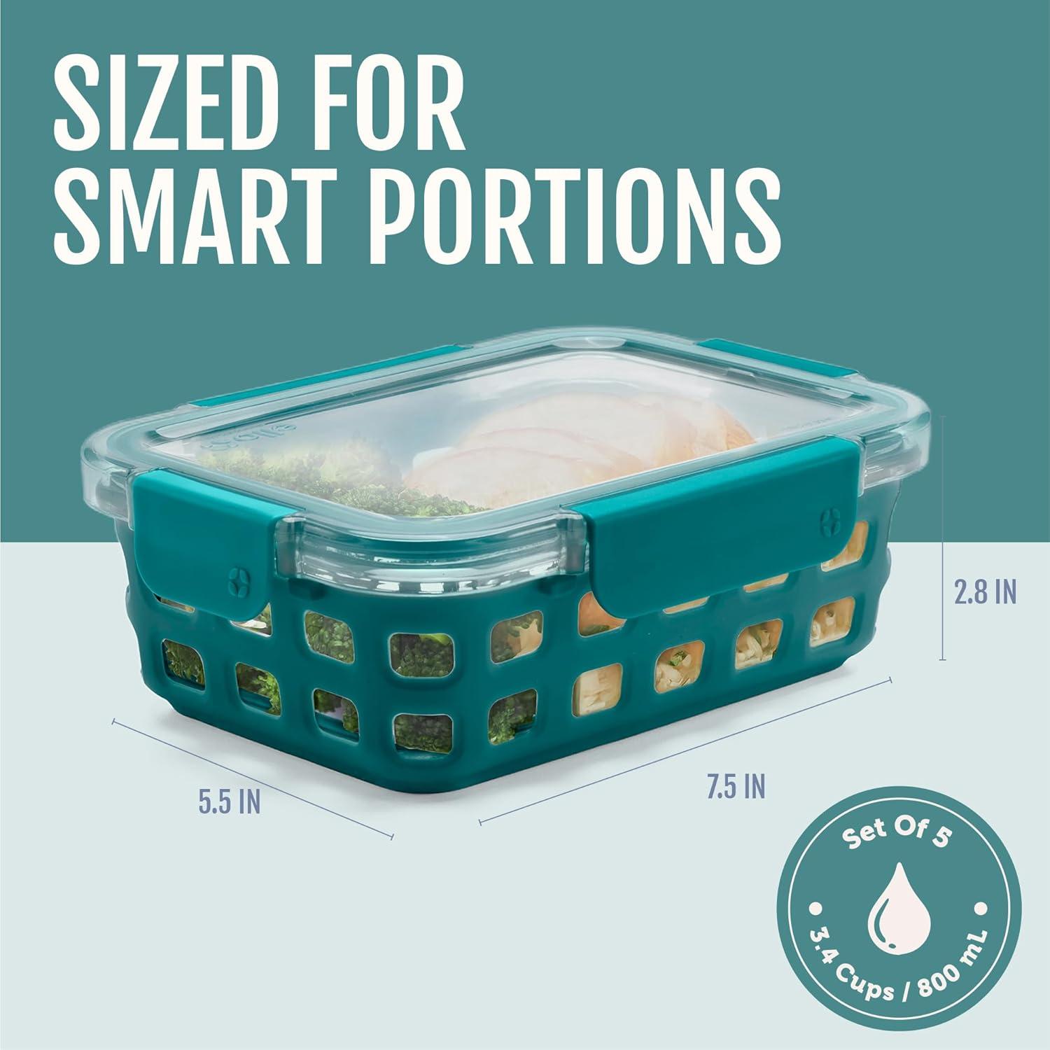 imageEllo Duraglass Refresh 34 Cup Meal Prep Sets 10Pc 5 Pack Set Glass Food Storage Container with Silicone Boot and Airtight BPAFree Plastic Lids Dishwasher Microwave and Freezer SafeDusk DelightMelon