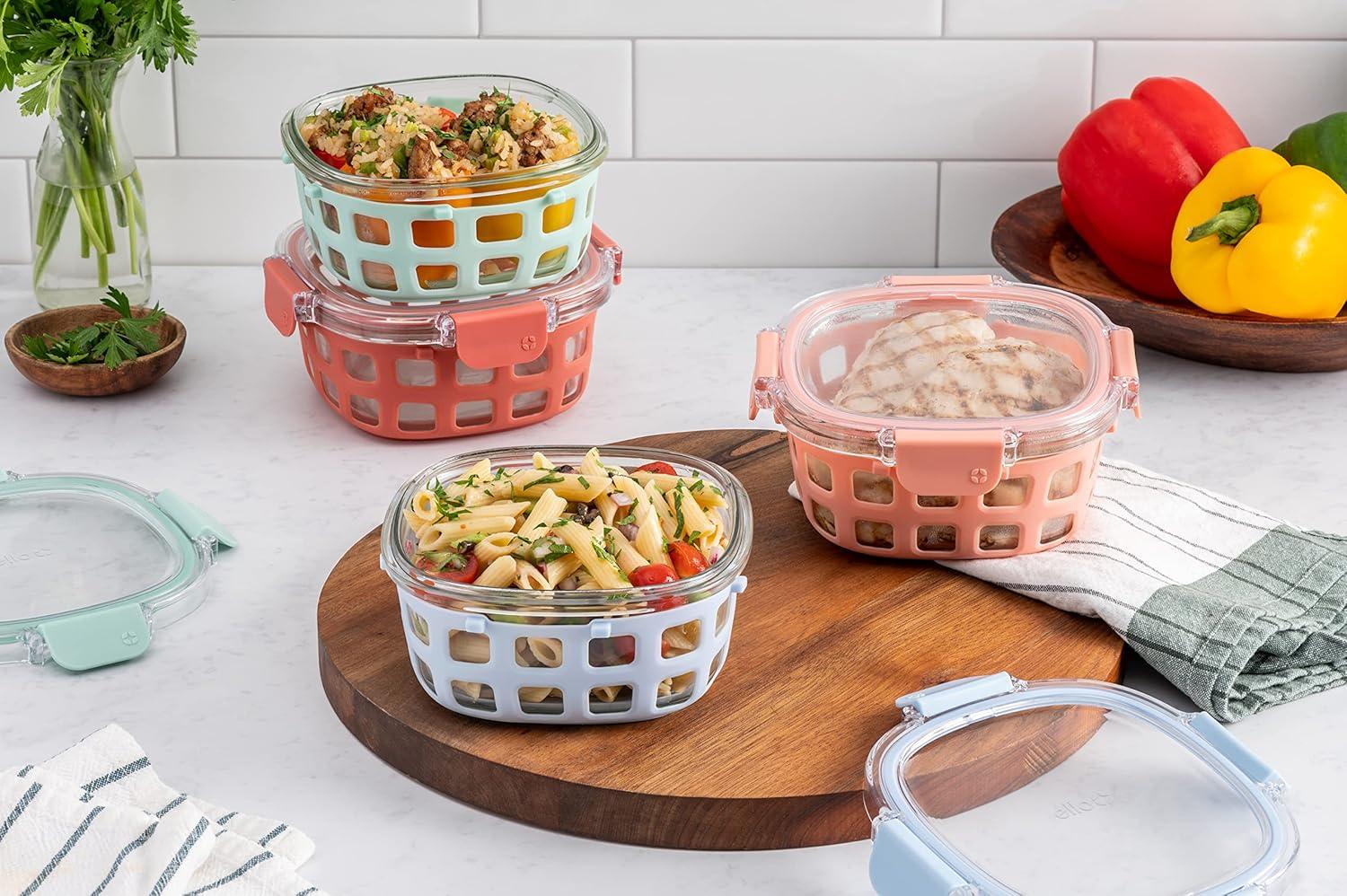 imageEllo Duraglass Refresh 34 Cup Meal Prep Sets 10Pc 5 Pack Set Glass Food Storage Container with Silicone Boot and Airtight BPAFree Plastic Lids Dishwasher Microwave and Freezer SafeDusk DelightMelon Rounds