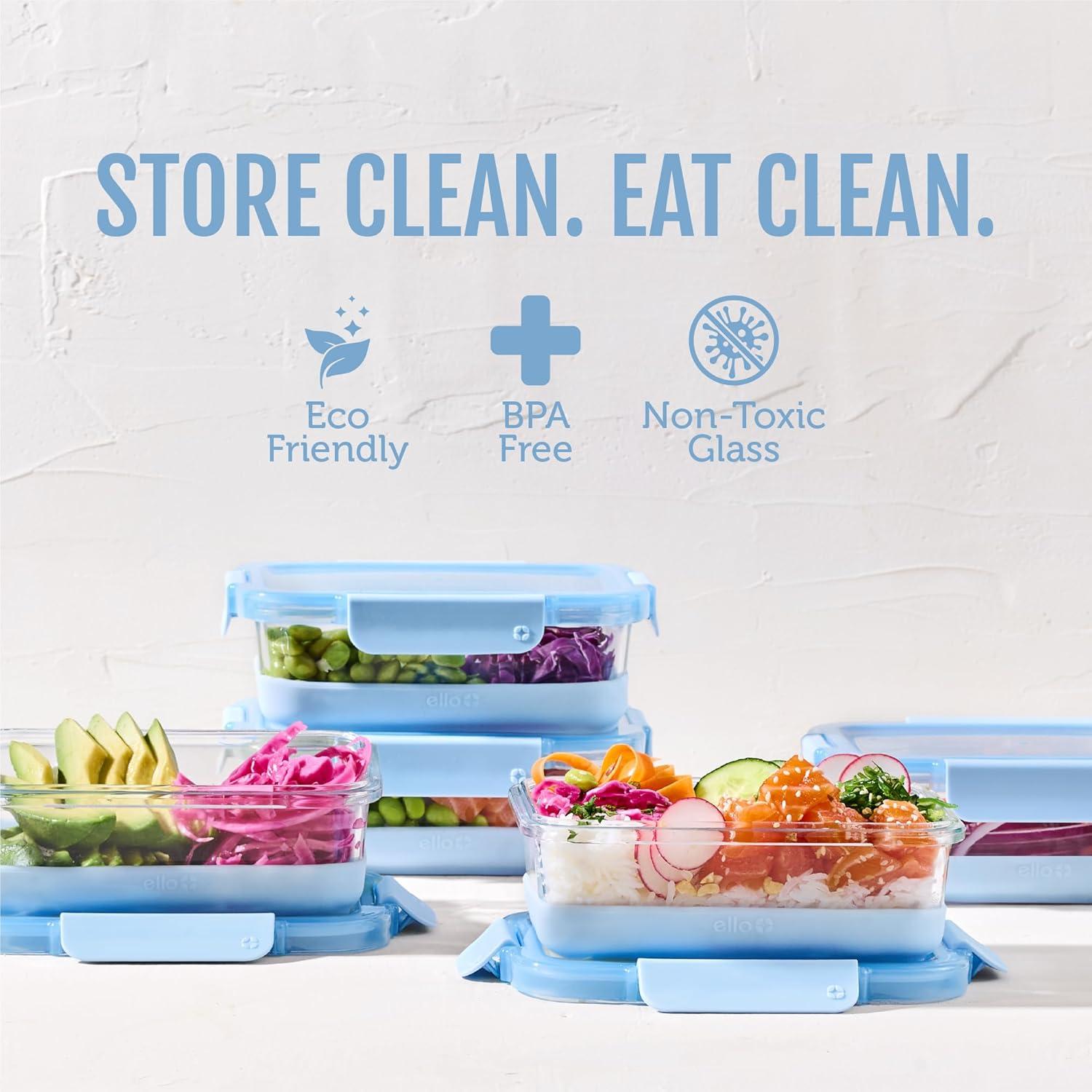 imageEllo Duraglass Refresh 34 Cup Meal Prep Sets 10Pc 5 Pack Set Glass Food Storage Container with Silicone Boot and Airtight BPAFree Plastic Lids Dishwasher Microwave and Freezer SafeDusk DelightHalogen Blue with Boot