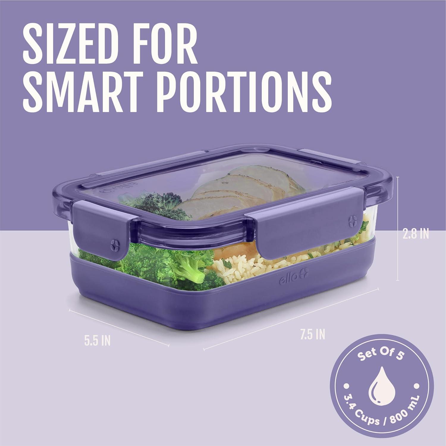 imageEllo Duraglass Refresh 34 Cup Meal Prep Sets 10Pc 5 Pack Set Glass Food Storage Container with Silicone Boot and Airtight BPAFree Plastic Lids Dishwasher Microwave and Freezer SafeDusk DelightEverest