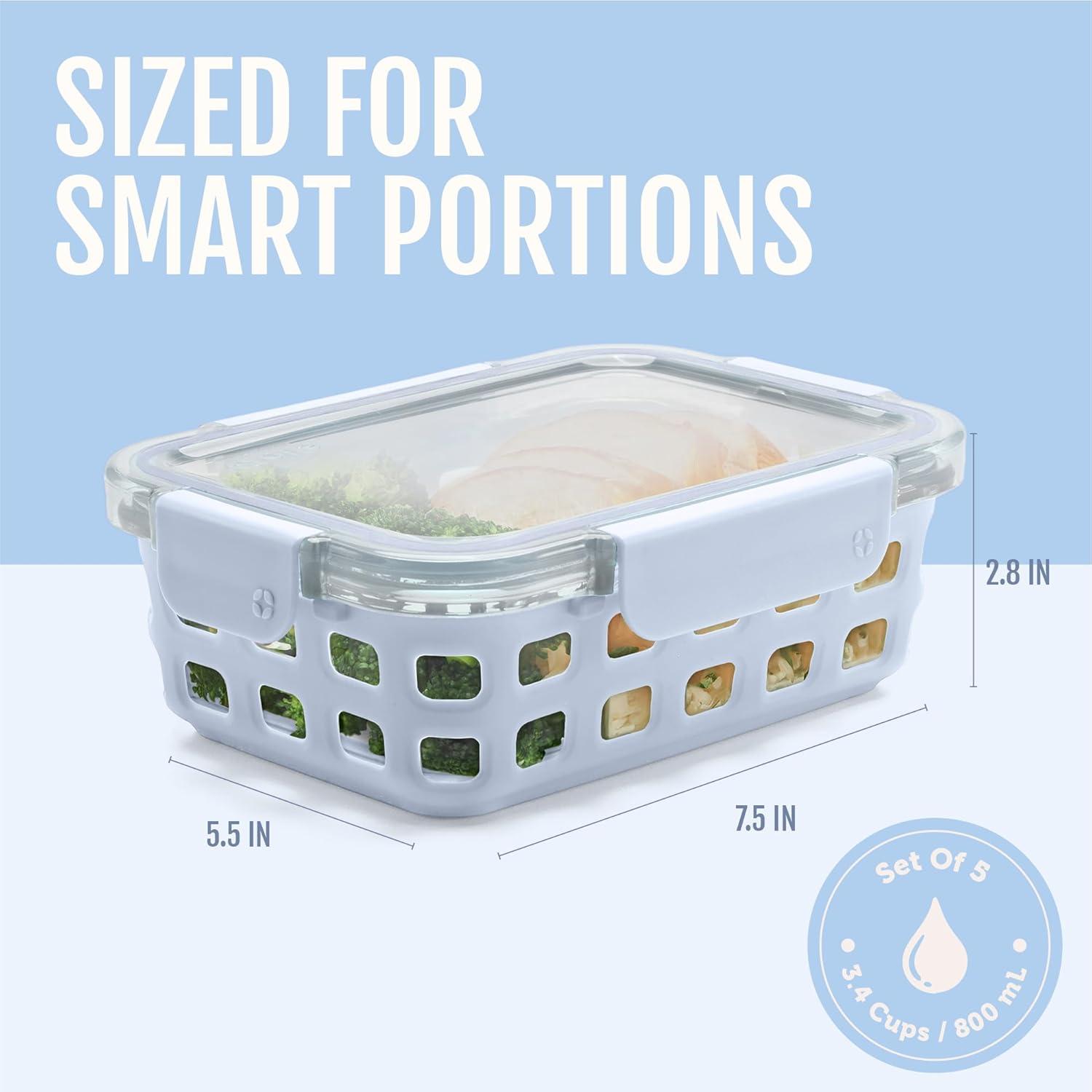 imageEllo Duraglass Refresh 34 Cup Meal Prep Sets 10Pc 5 Pack Set Glass Food Storage Container with Silicone Boot and Airtight BPAFree Plastic Lids Dishwasher Microwave and Freezer SafeDusk DelightHalogen Blue with Sleeve