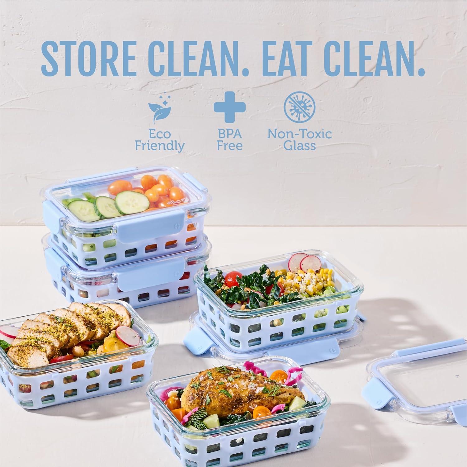 imageEllo Duraglass Refresh 34 Cup Meal Prep Sets 10Pc 5 Pack Set Glass Food Storage Container with Silicone Boot and Airtight BPAFree Plastic Lids Dishwasher Microwave and Freezer SafeDusk DelightHalogen Blue with Sleeve