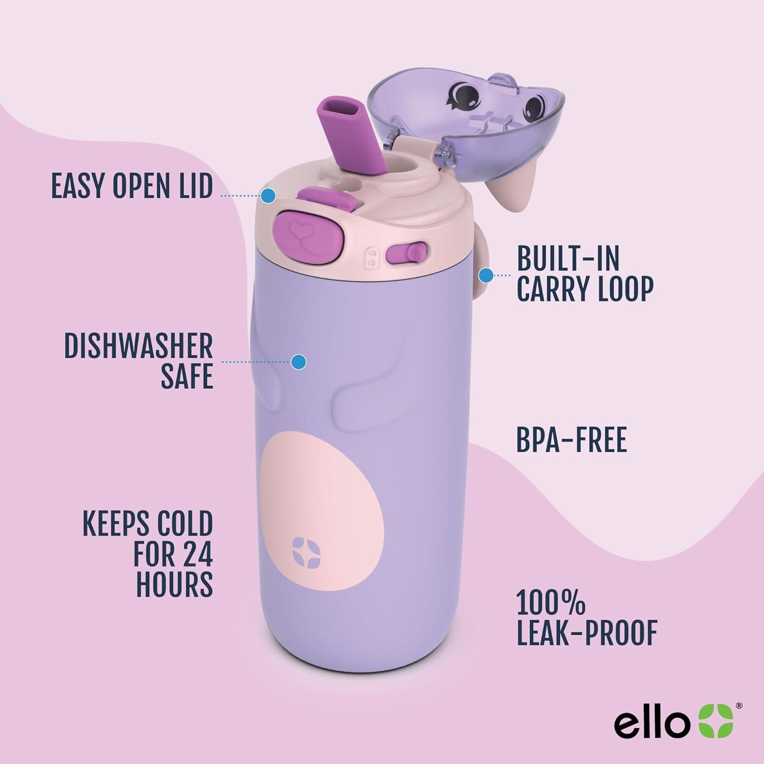 imageEllo Ellies 12oz Vacuum Insulated Stainless Steel Kids Water Bottle with Straw and Builtin Carrying Handle and LeakProof Locking Lid for School Backpack Lunchbox and Outdoor Sports CatCat