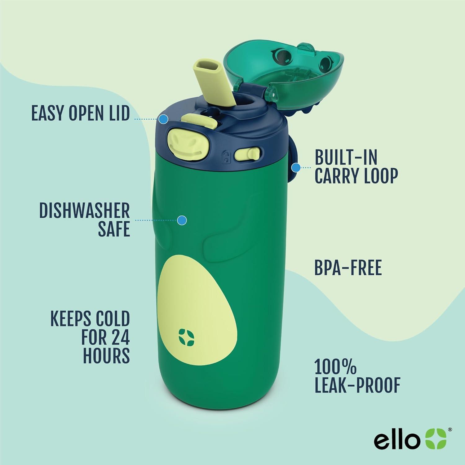 imageEllo Ellies 12oz Vacuum Insulated Stainless Steel Kids Water Bottle with Straw and Builtin Carrying Handle and LeakProof Locking Lid for School Backpack Lunchbox and Outdoor Sports CatDino