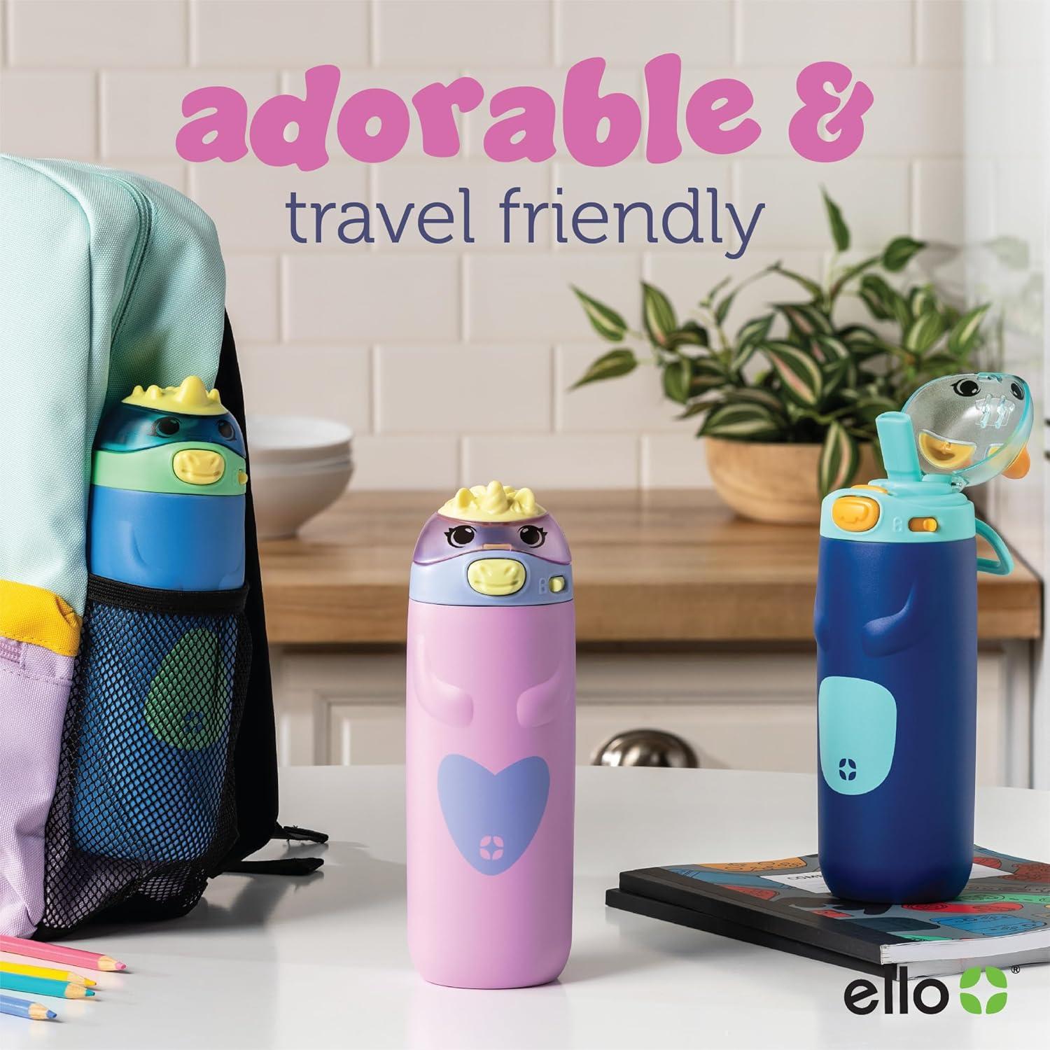 imageEllo Ellies 12oz Vacuum Insulated Stainless Steel Kids Water Bottle with Straw and Builtin Carrying Handle and LeakProof Locking Lid for School Backpack Lunchbox and Outdoor Sports CatCat