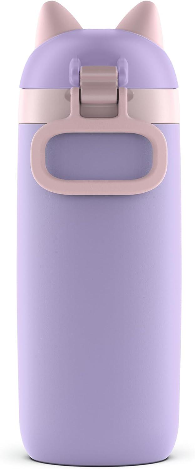 imageEllo Ellies 12oz Vacuum Insulated Stainless Steel Kids Water Bottle with Straw and Builtin Carrying Handle and LeakProof Locking Lid for School Backpack Lunchbox and Outdoor Sports CatCat