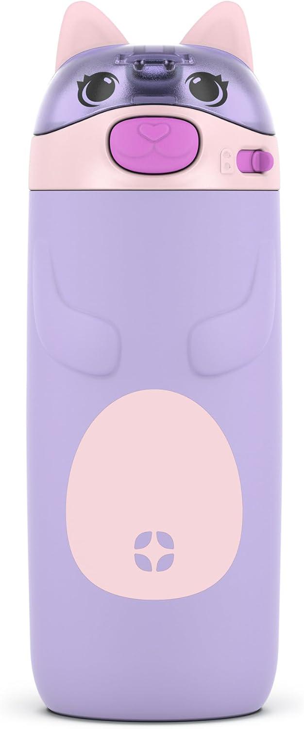 imageEllo Ellies 12oz Vacuum Insulated Stainless Steel Kids Water Bottle with Straw and Builtin Carrying Handle and LeakProof Locking Lid for School Backpack Lunchbox and Outdoor Sports CatCat